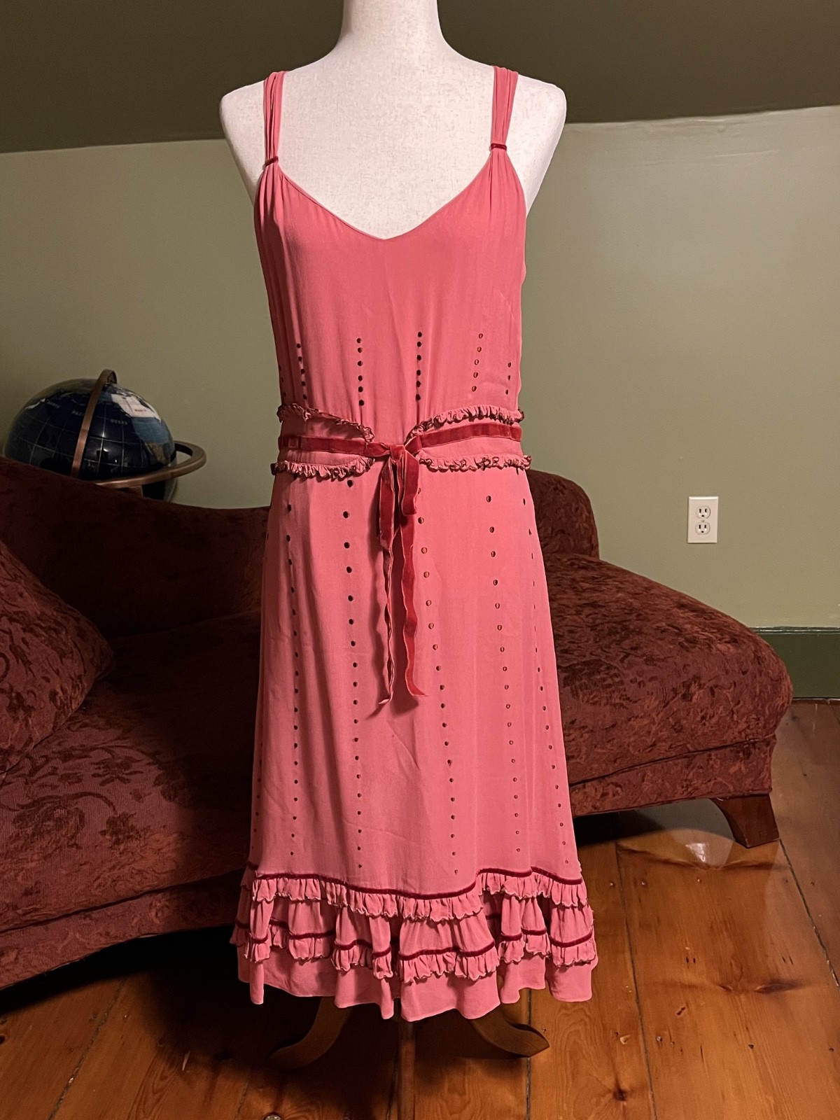 Vintage Anthropologie Lithe Dress- Size 4- Pink Ruffle- Red Velvet & Silk Lining