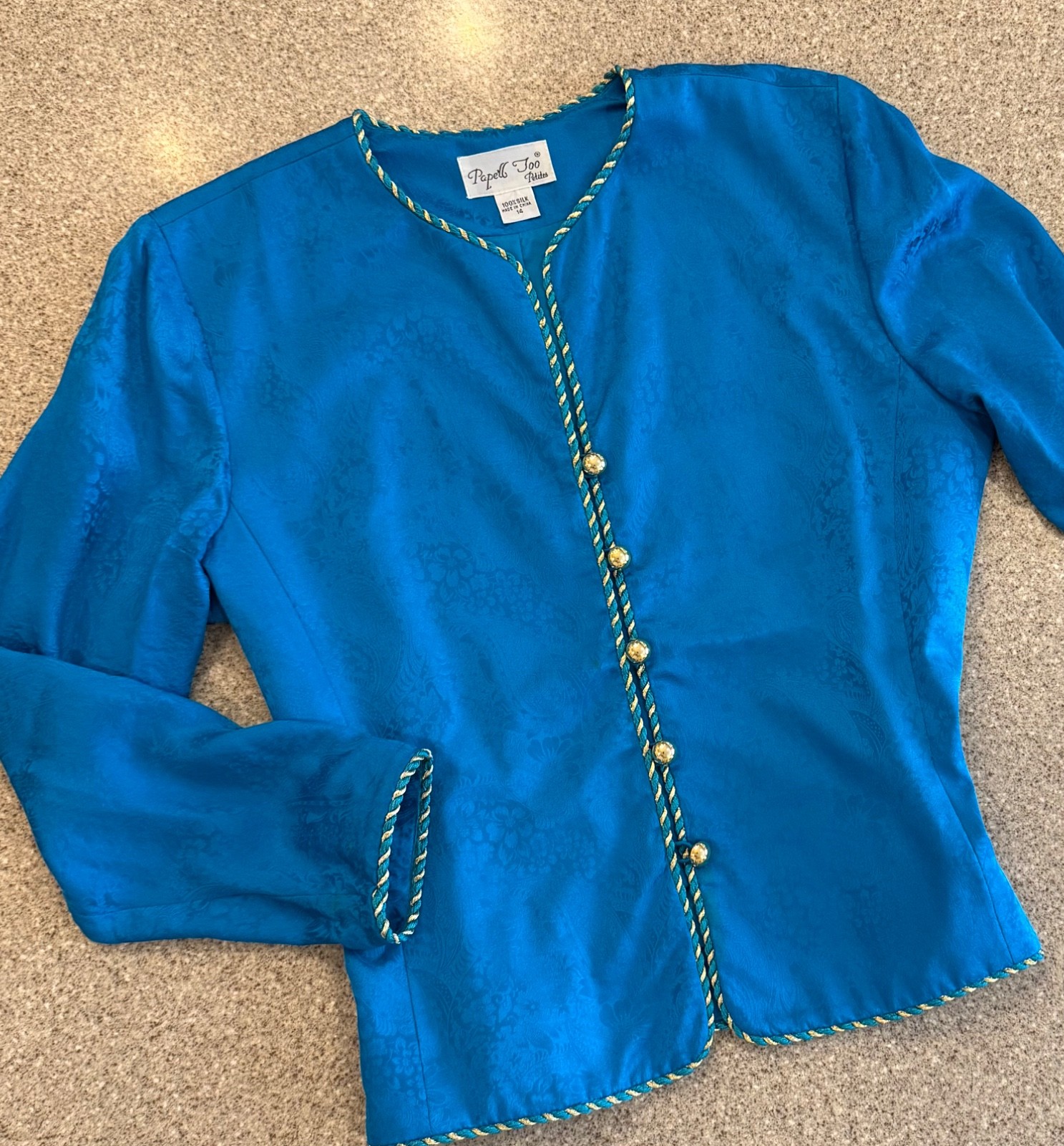 Vtg ADRIANNA PAPELL TOO Jewel Tone Blue 100% Silk Gold Braid Trim Jacket 14P