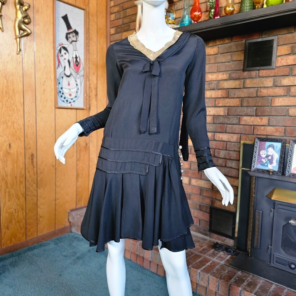 Vintage 20s Jean Patou Paris Art Deco Flapper Rhinestone Drop Waist Dress XS/S