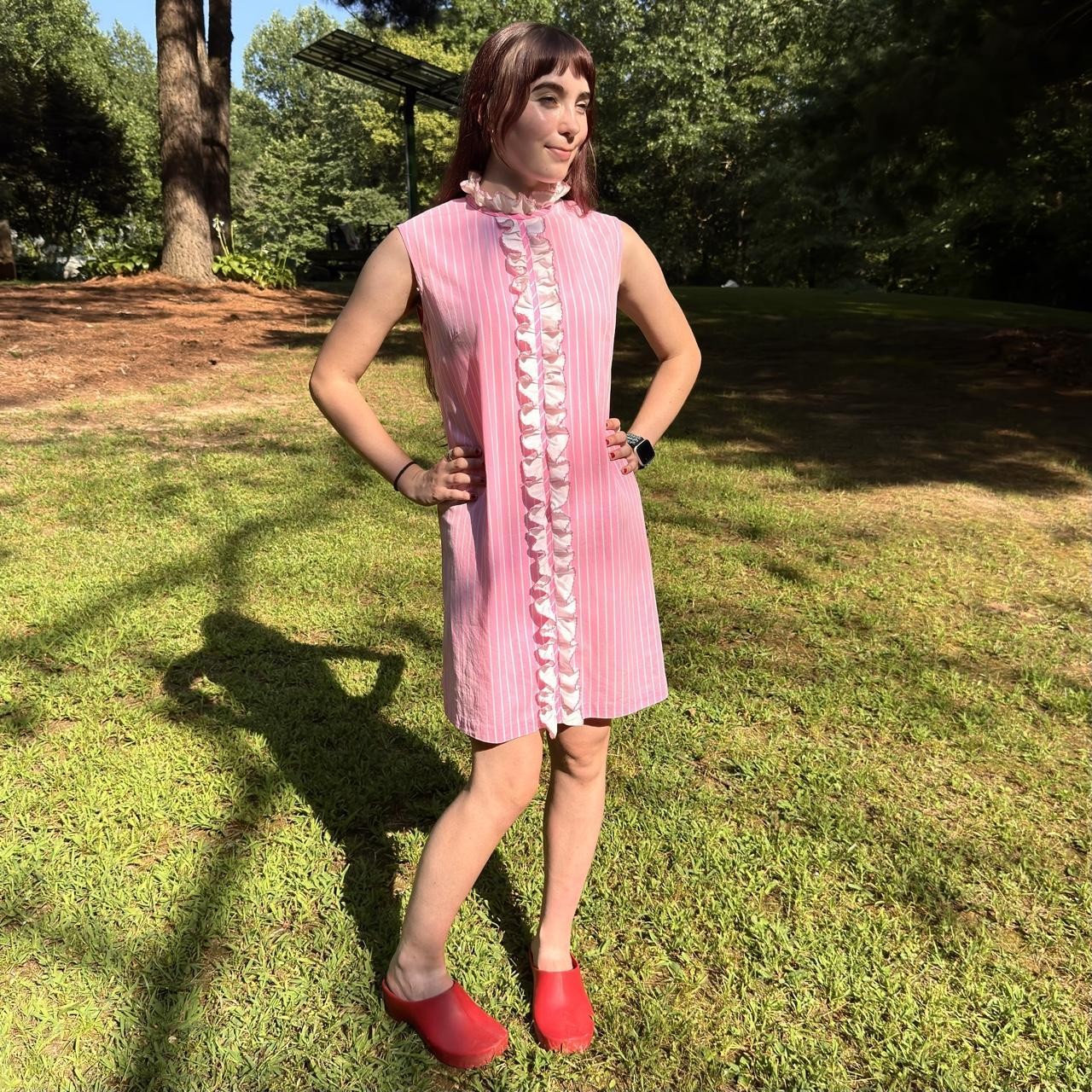 60s mod bubblegum pink candy stripe cotton mini dress w/ fun ruffle collar