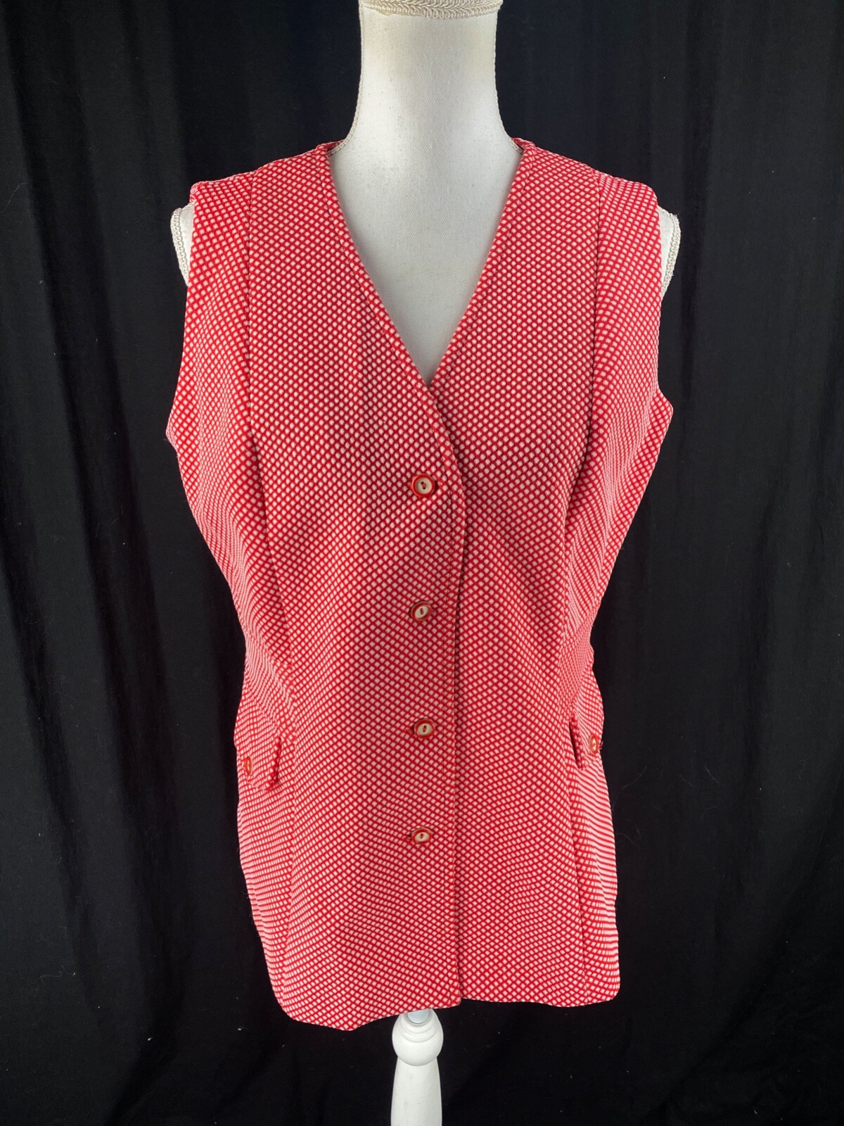 70s Womens Retro Mod Button Vest Argyle Hippie Boho Sleeveless Top Red