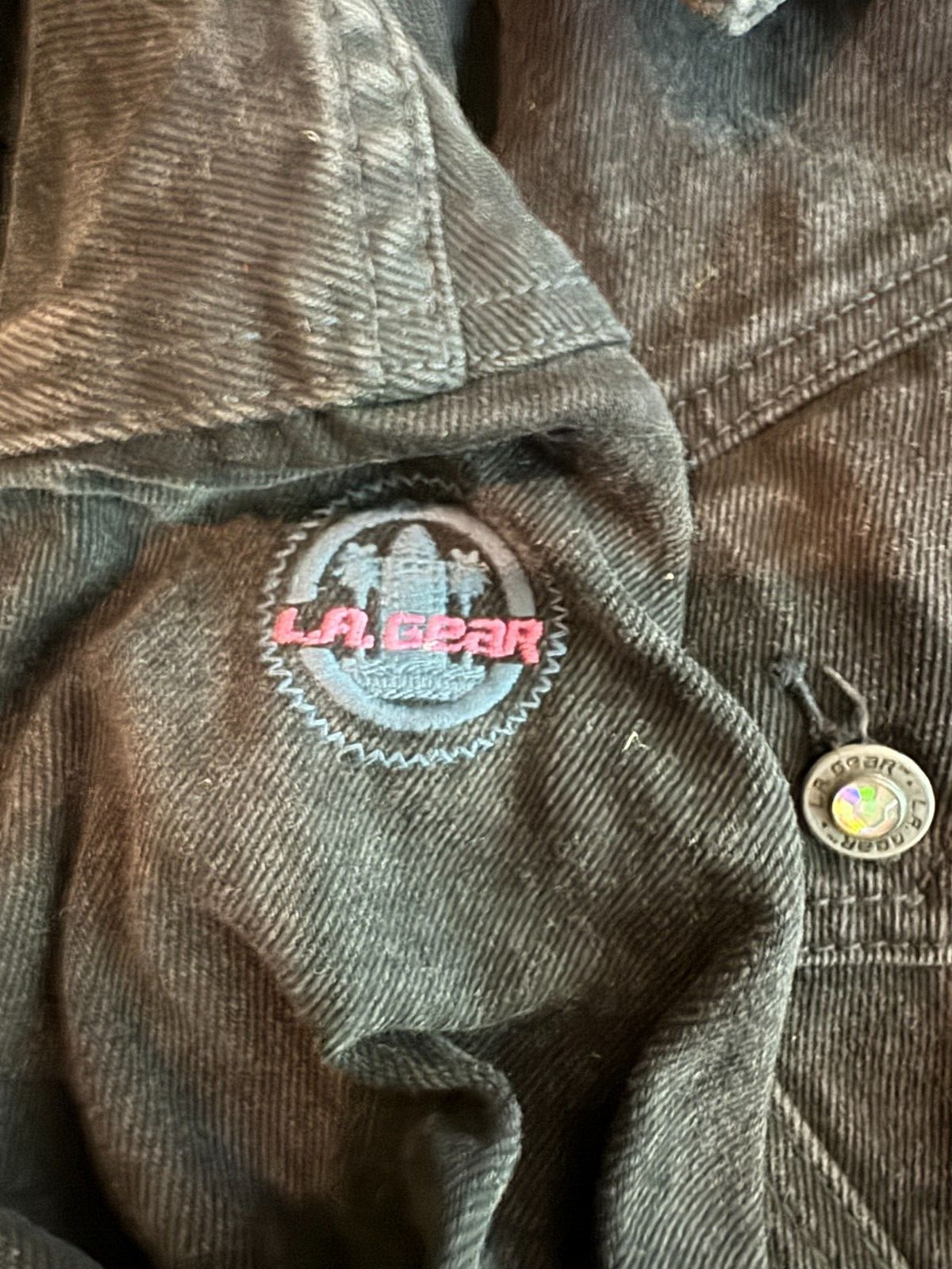 VIntage 1980’s LA Gear Denim Jacket with Beaded logo on the back, rhinestone …