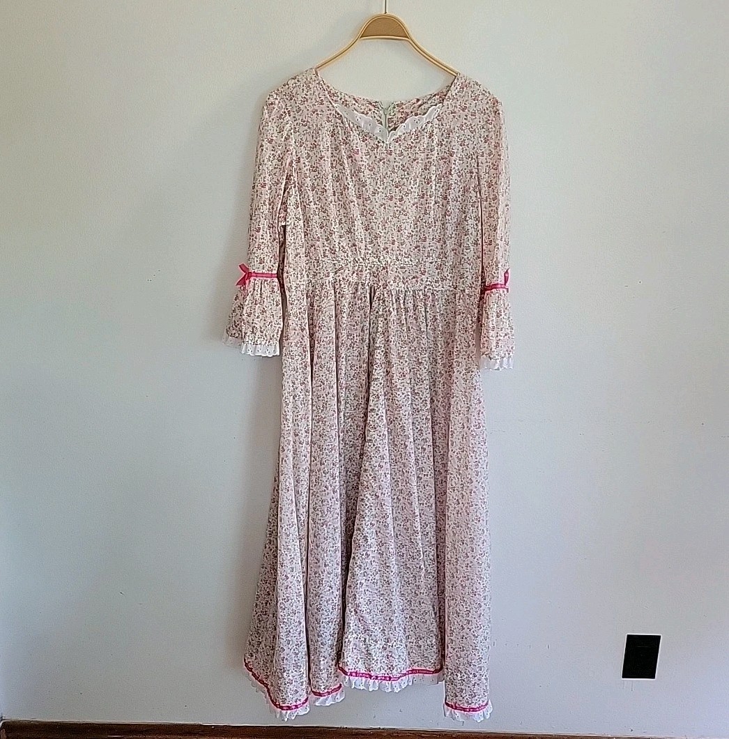 Vintage Handmade Prairie Dress Large Pink Ditsy Floral Cottage Country Western