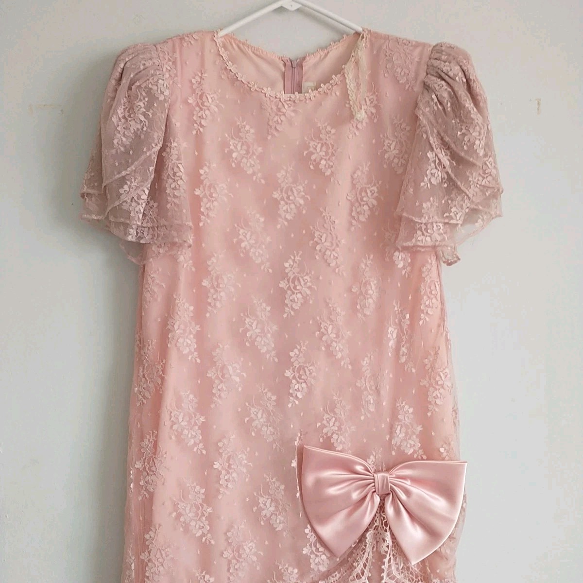 Vtg Barbara Chodos Michael Marcella Dress 12 Pink Floral Lace Bow Drop Waist