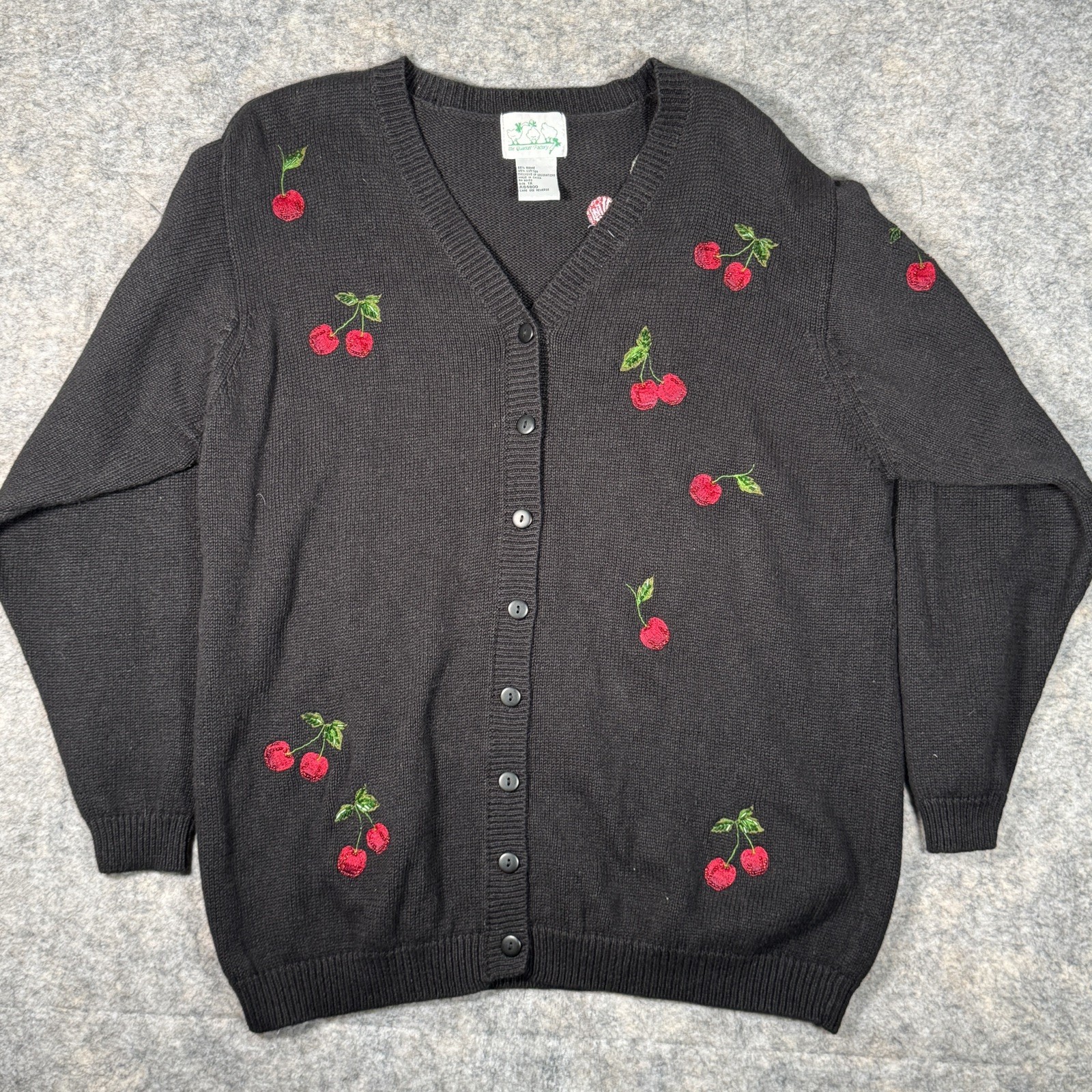 Vintage The Quacker Factory Cardigan Sweater Womens Size XL Cherries Embroidered