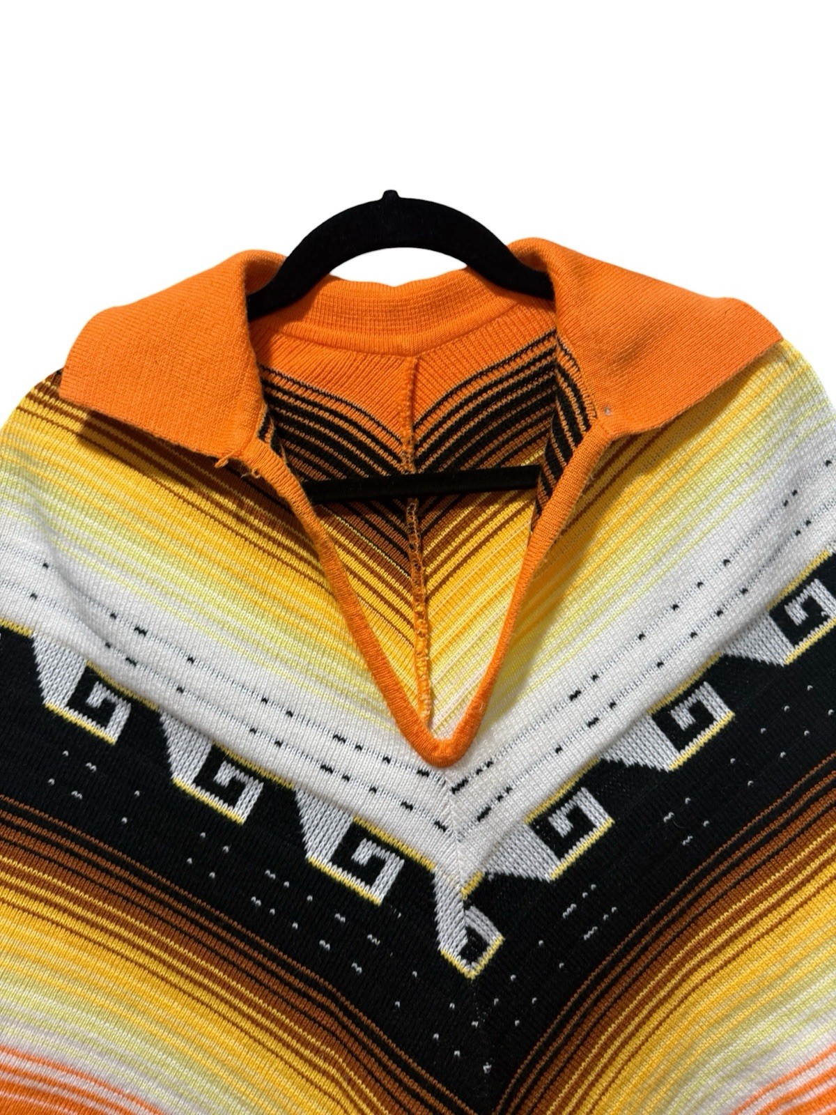 Vintage 1970s Orange Black White Collared Fringed Poncho One Size