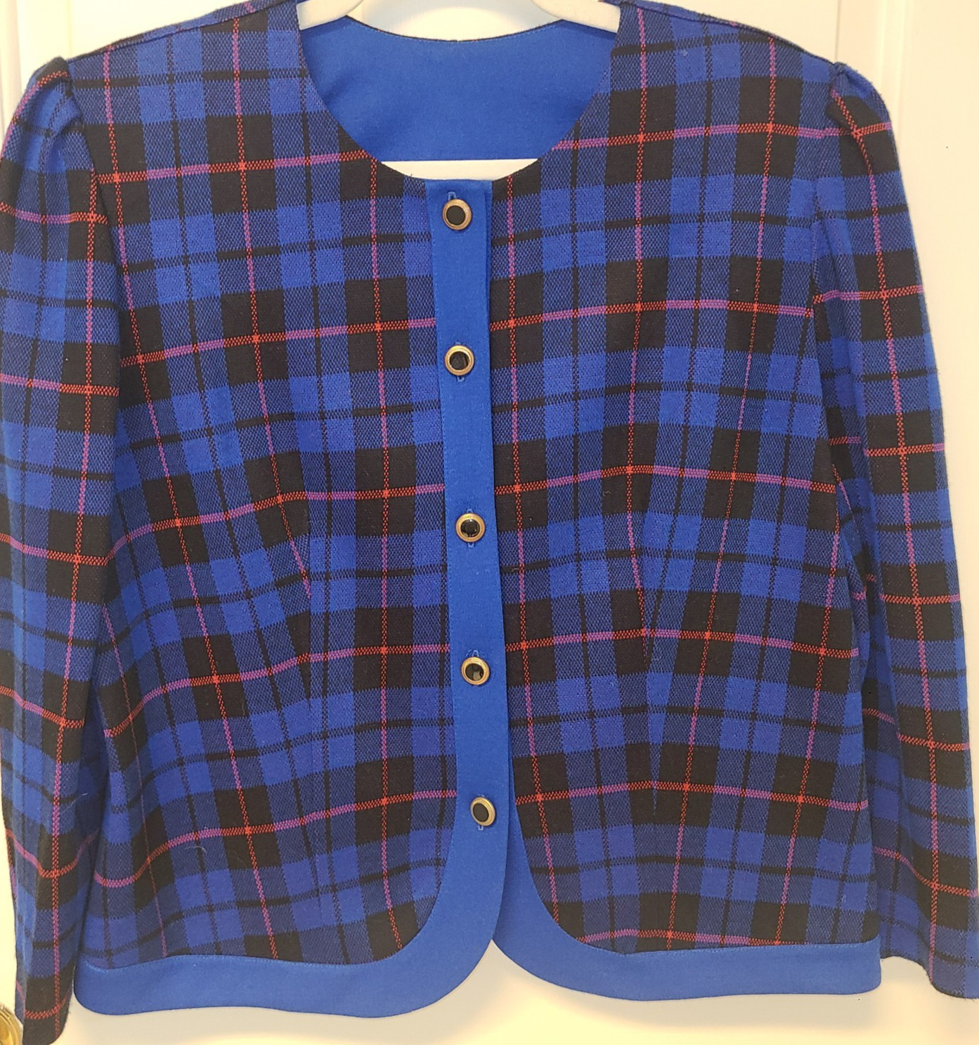 Vtg Pablo Collection Blue Jacket Plaid Shoulderpads Button Front 80s Sz 10