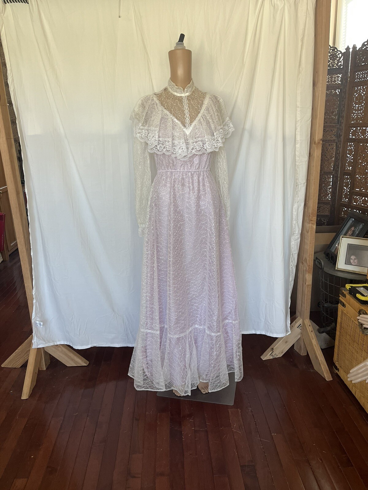 Vintage 1980’s Night Moves Lace Ruffle Victorian Maxi Dress Lavender White Small