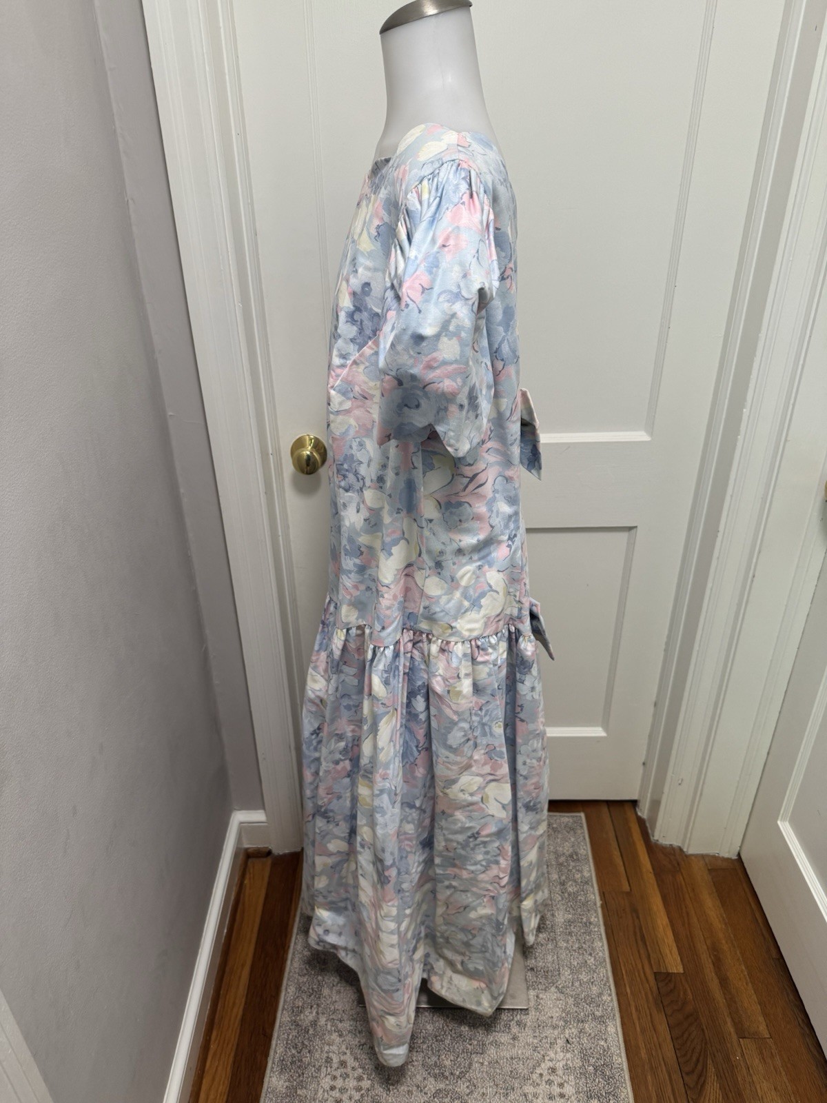 Vintage ILGWU Cotton Floral Dress Pastel Puff Sleeve V-Back Bows Drop Waist