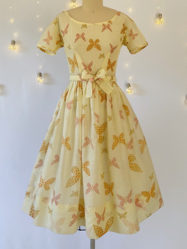 Vintage 1950s L’Aiglon Butterfly Fit Flare Full Skirt Bow Belt Pastel Dress S