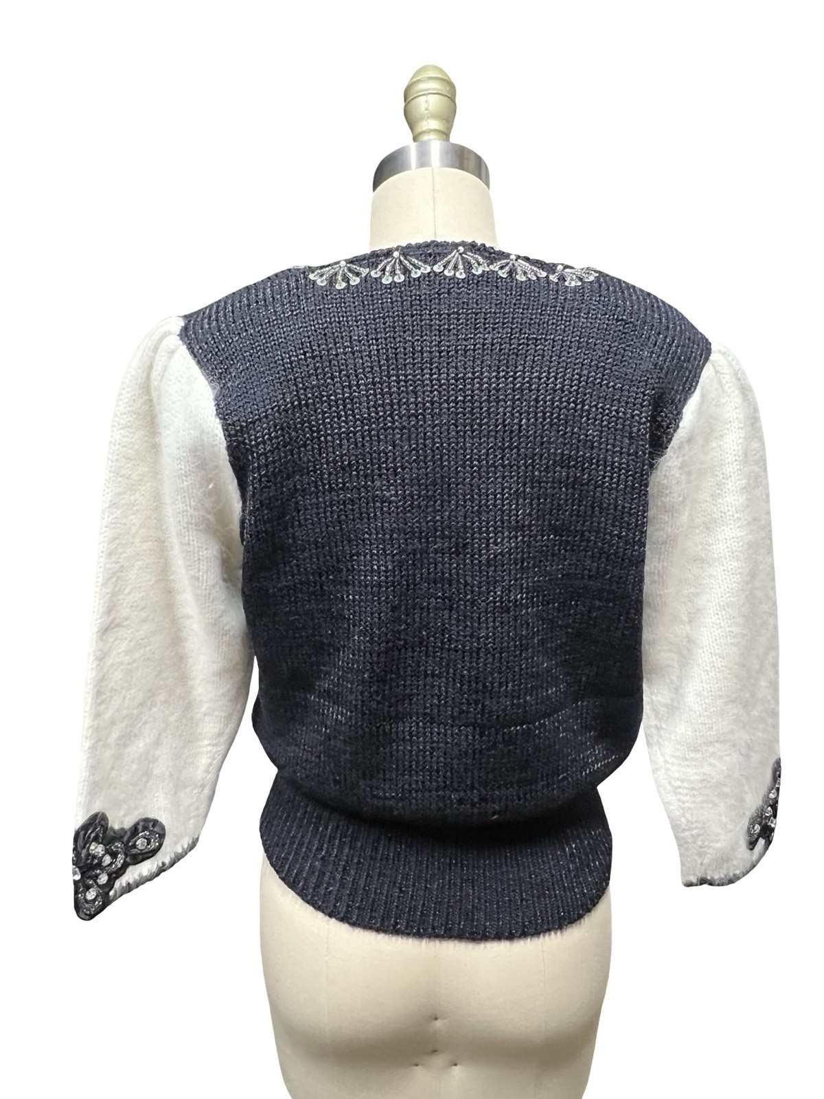 VTG 80s Rochelle Angora Sweater Beaded Sequin Collar Soft Fuzzy Black Cream Sz S