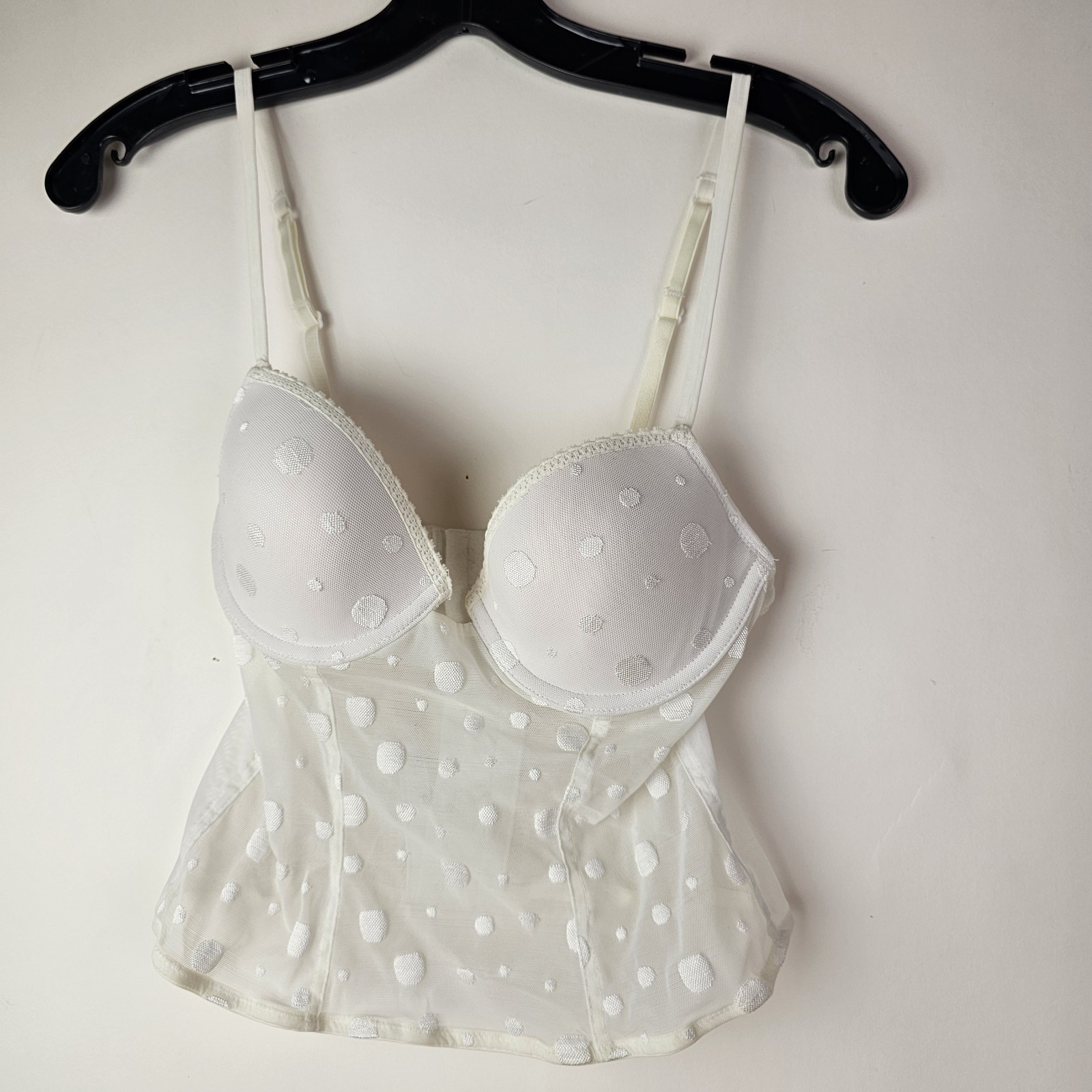 Lily Of France Bustier Bra 36A White 2101960 Polka Dot Semi Sheer Sexy Romantic