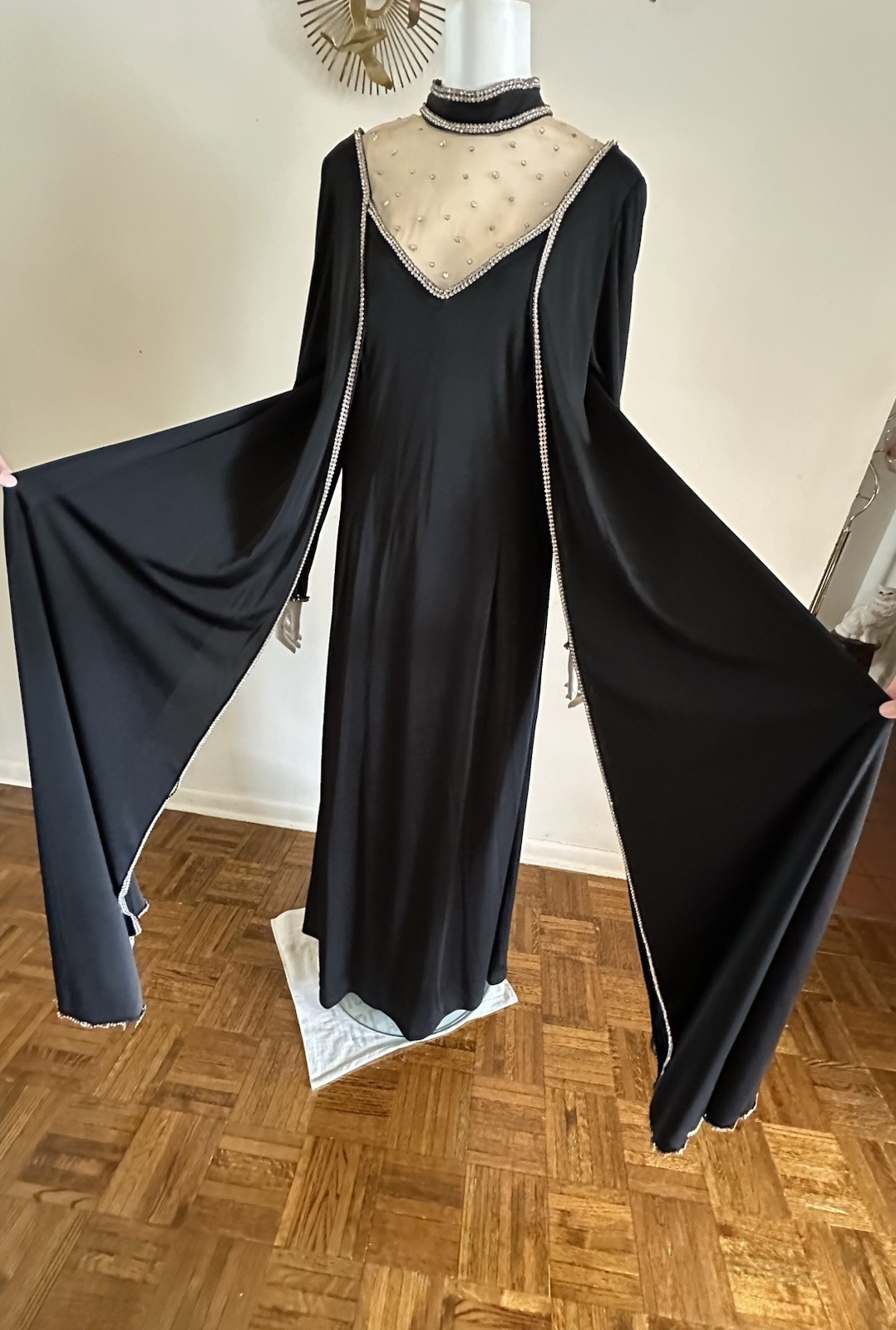 1970s Custom Opera Stage Recital Gown Costume Shoulder Cape Rhinestone Dress VTG