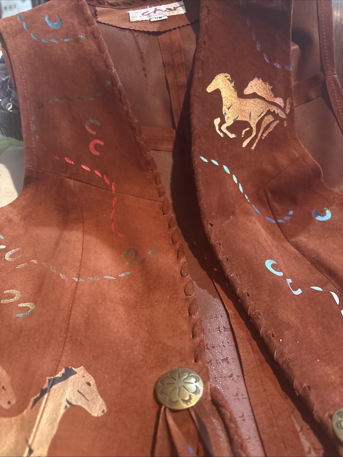 Char Leather Fringe Hand Painted Vest Size XS Santa Fe