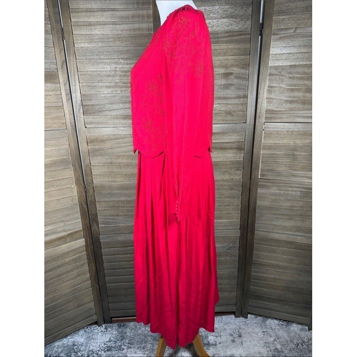 Plaza South Red Beaded Embroidered Vtg Maxi Dress Womens 10 Formal Long Sleeve