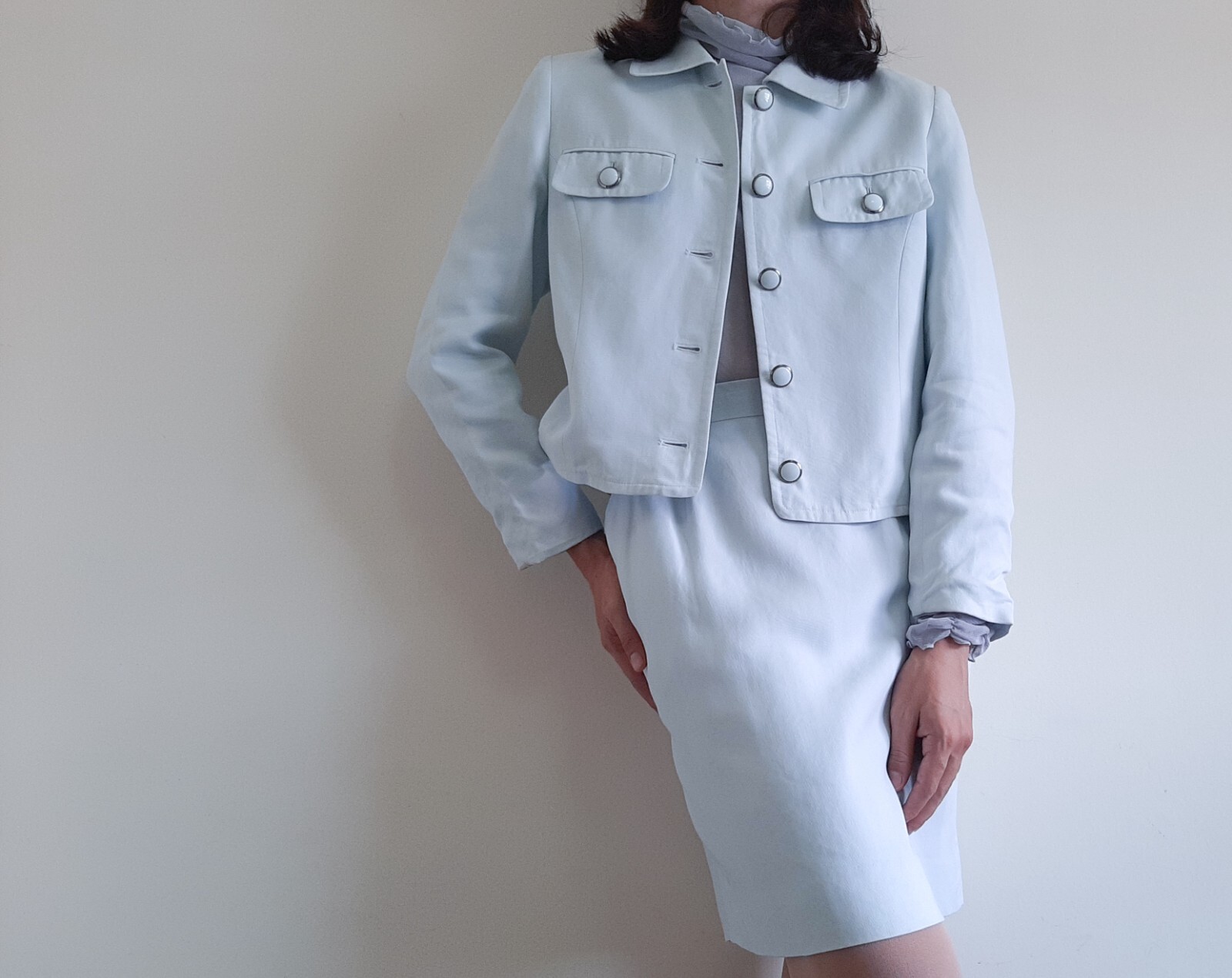 COURREGES 2 piece set Blue pastel jacket and skirt Womens Size S jacket skirt
