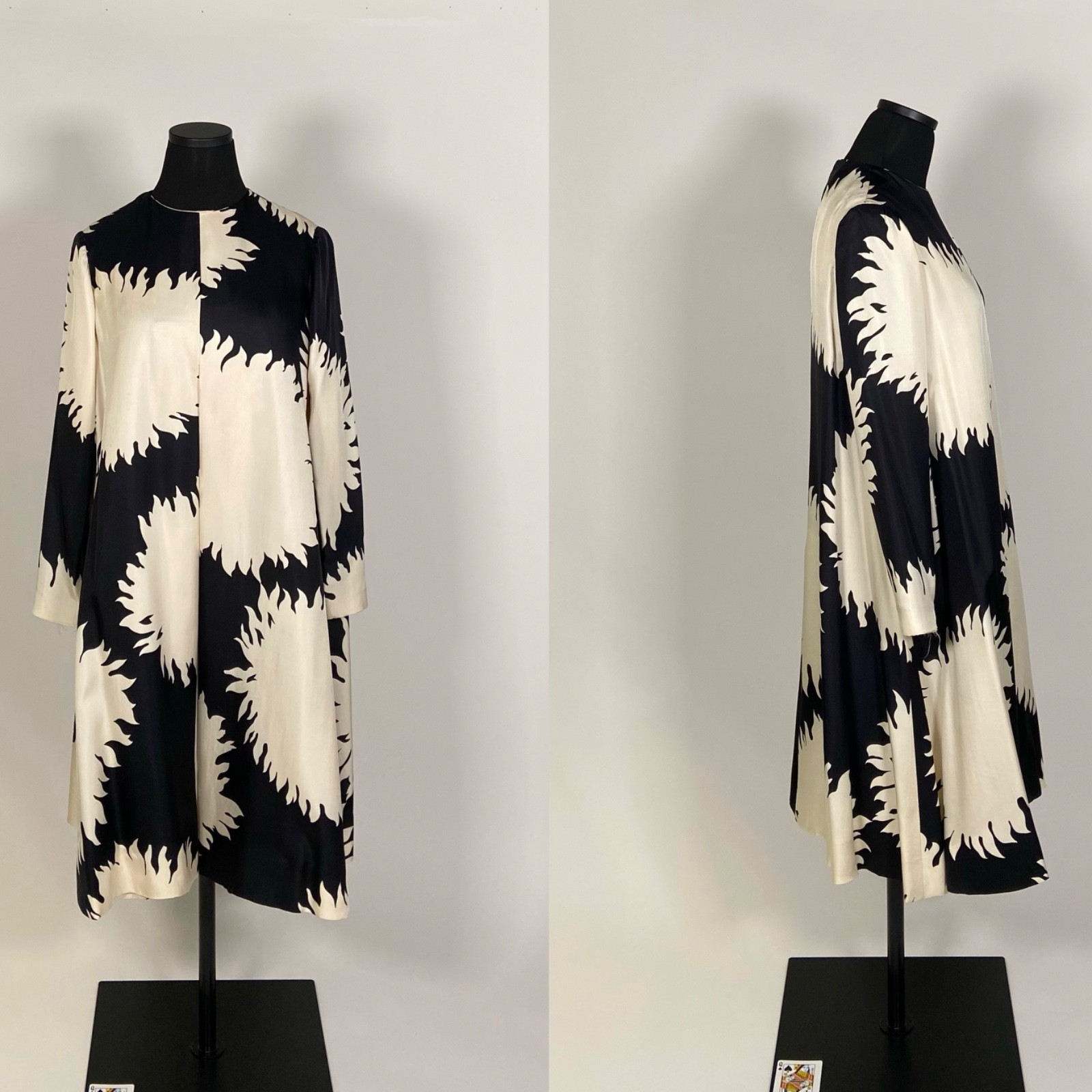 1960s Mid century silk tent dress, chrysanthemum, black + white size M Must see!