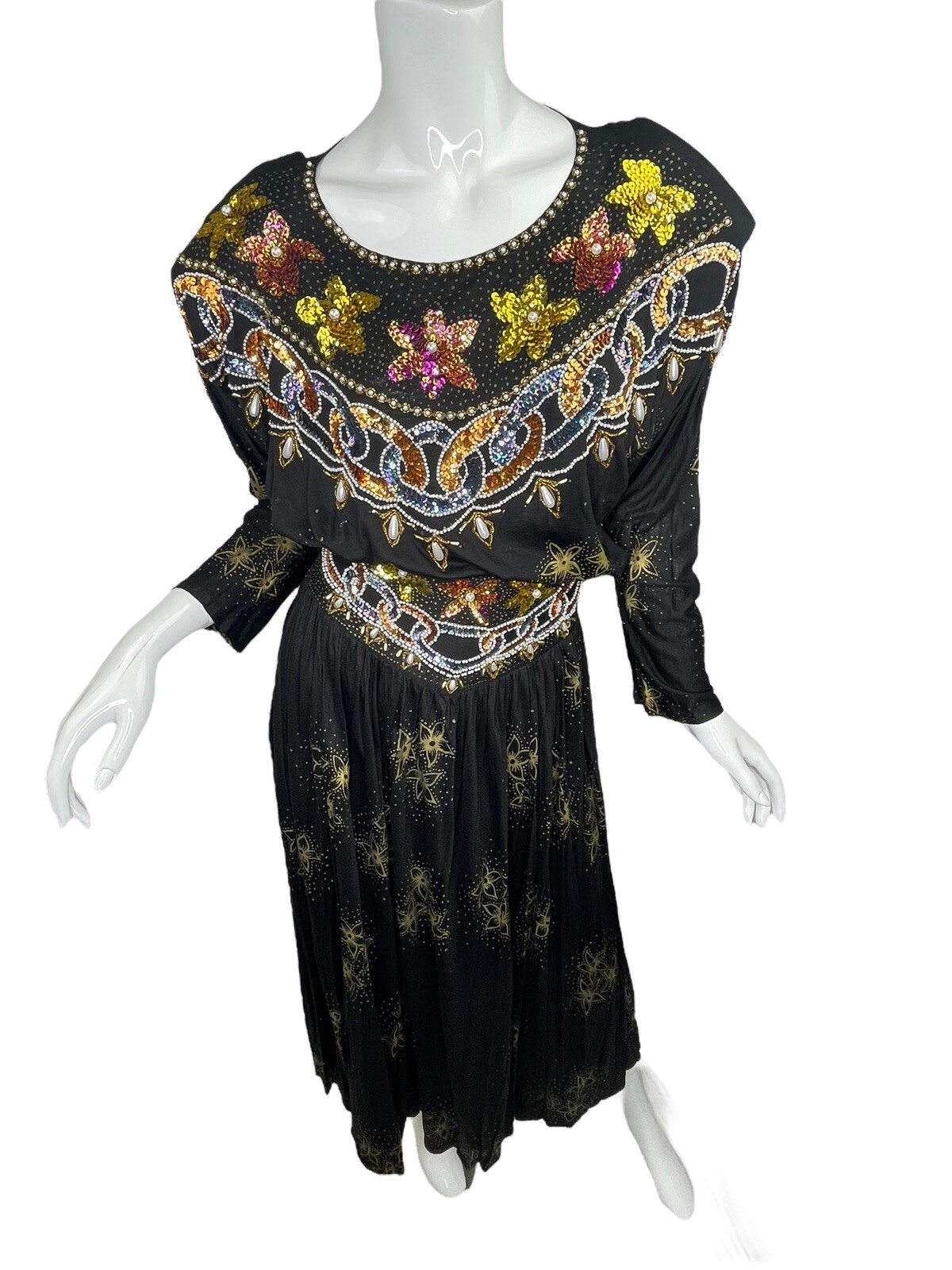 Vintage Bali Chic Black Gold Heavily Embellished Blouse & Skirt Sequins Beads