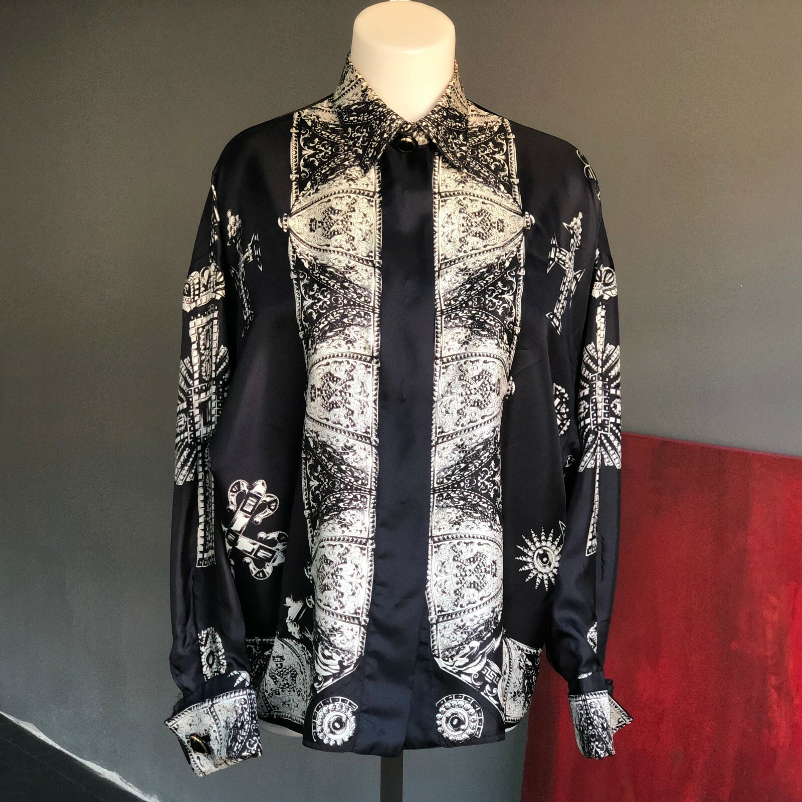 GIANNI VERSACE silk shirt w/ french cuffs Le Croci print size 42 F/W 1991/92