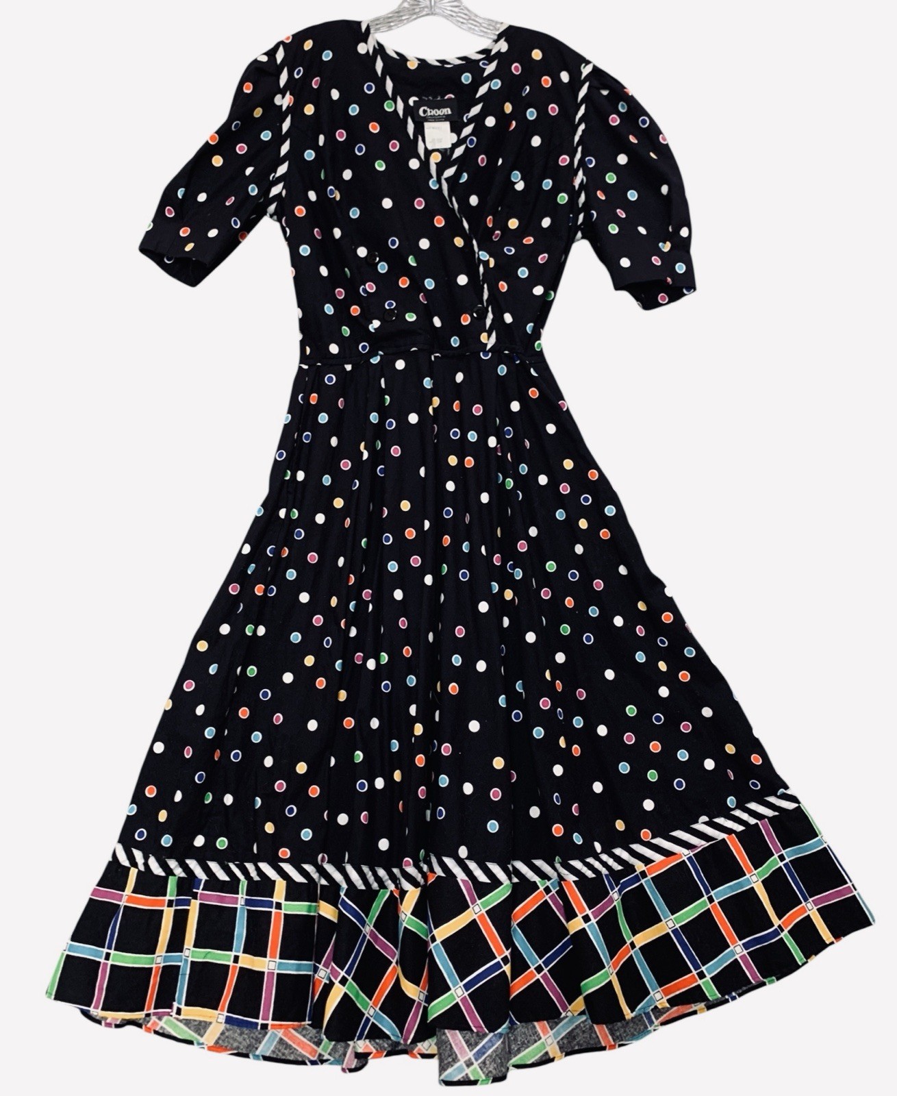 Vintage Choon California Dress Full Skirt Pockets Colorful Dots Twirl Size 14