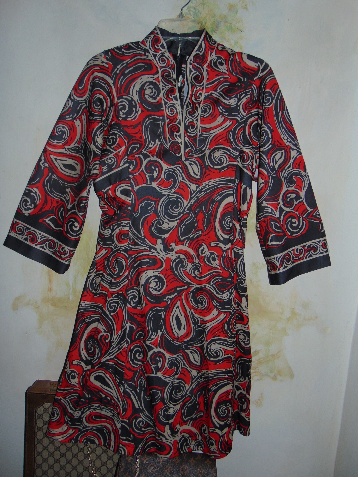 70’s Hal Ferman Black Red Bohemian Mini Dress Paisley Sleeve Mod S/M Studio 54