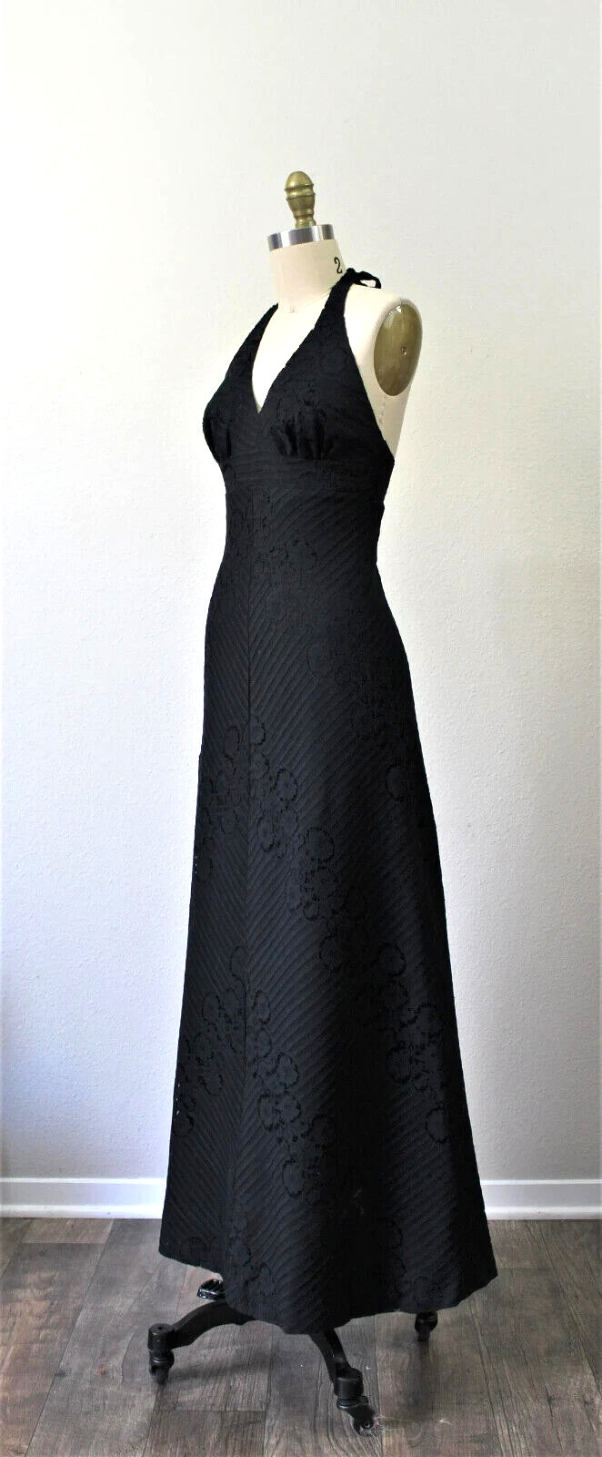 Vintage 70’s DEADSTOCK Joy Stevens California Black Lace Halter Maxi Dress