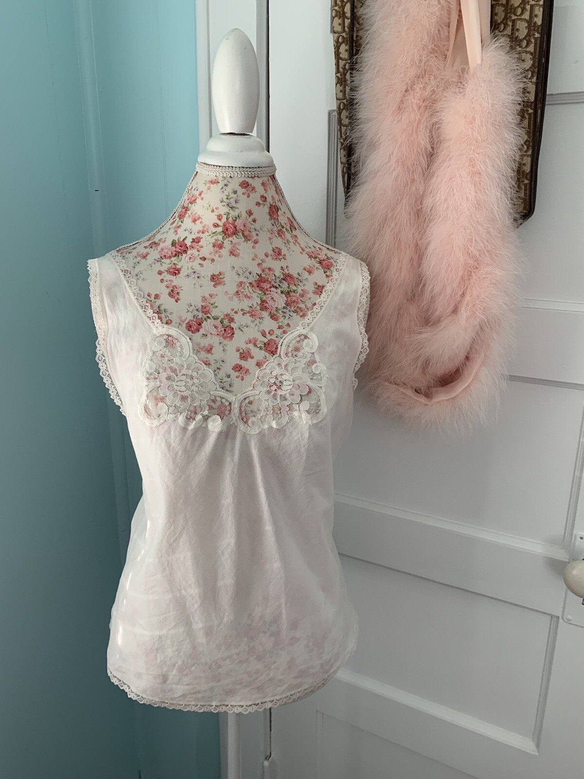 Vintage Womens Cream Cotton Camisole By Velrose Size 40 Lace Trim Lingerie
