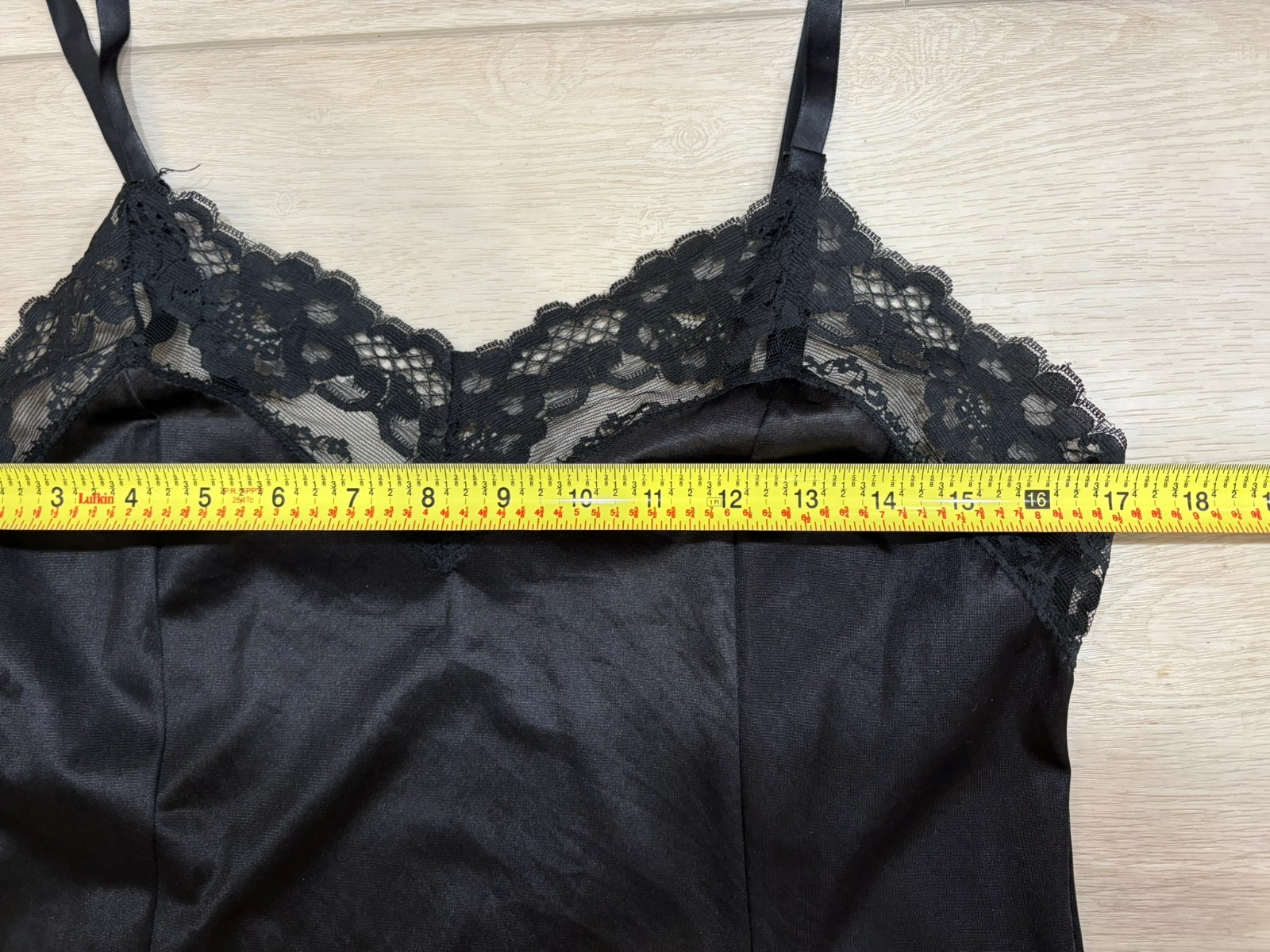 Vtg VELROSE Women Sz 36 Full Slip Dress Chemise Black Antron Shiny Lace Trim USA