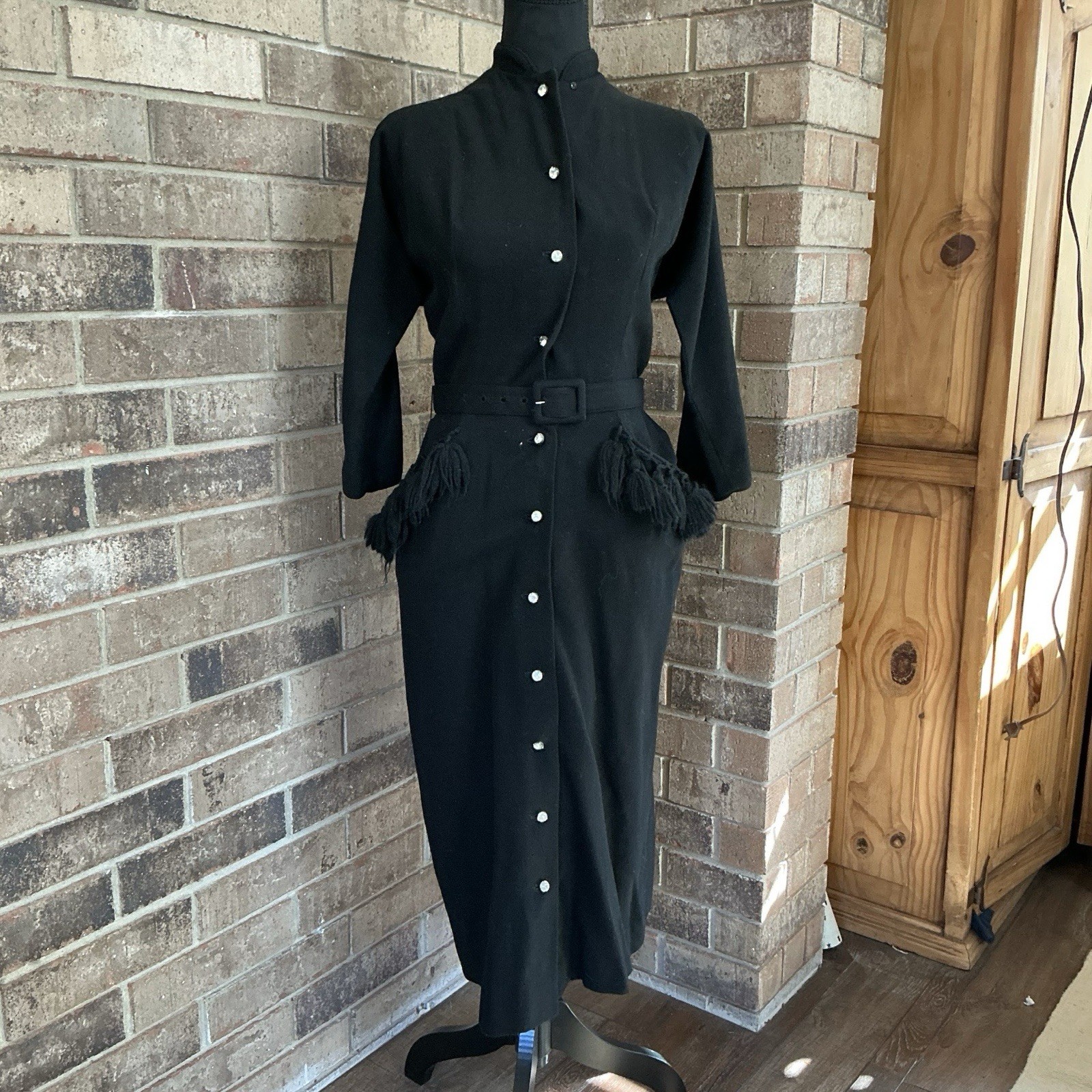 VINTAGE Black Wool Midi Dress Fringe Pockets Belt Button Front Size S/M #8D4