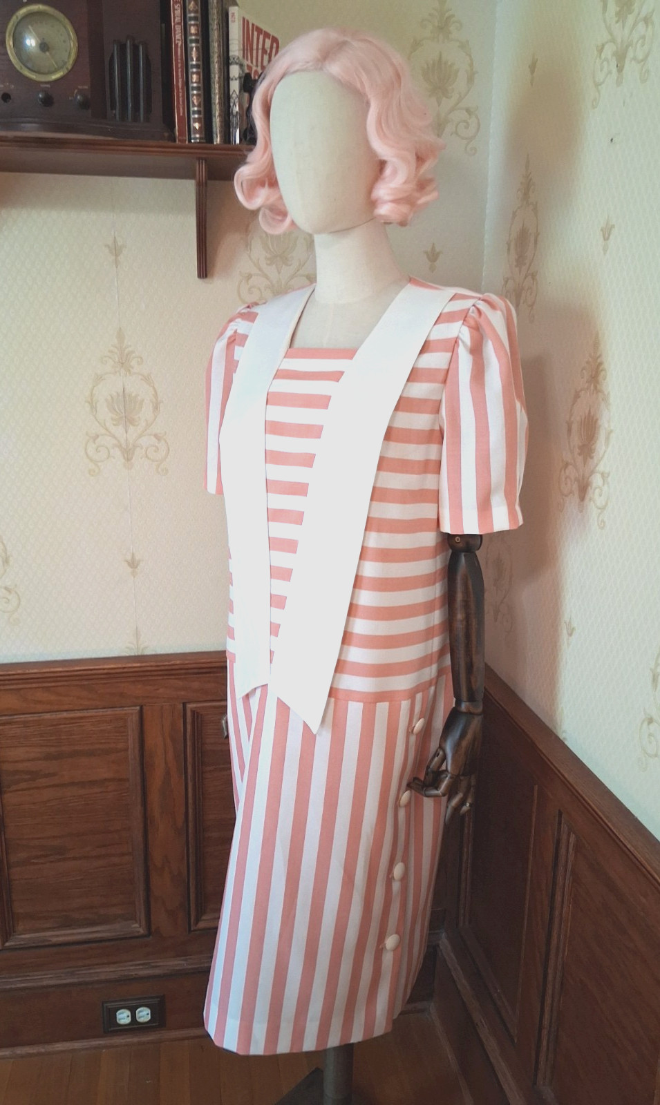 Vintage 1970s Leslie Fay Union-Made Pink Stripe Drop Waist Mod Gatsby Dress