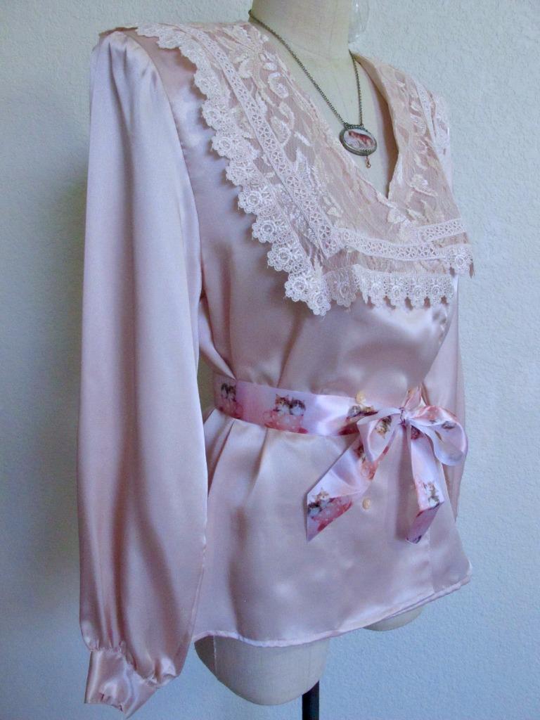 Vintage San Andre Silky Blouse 10 Pink Lace Victorian Collar Slick Shiny Satin