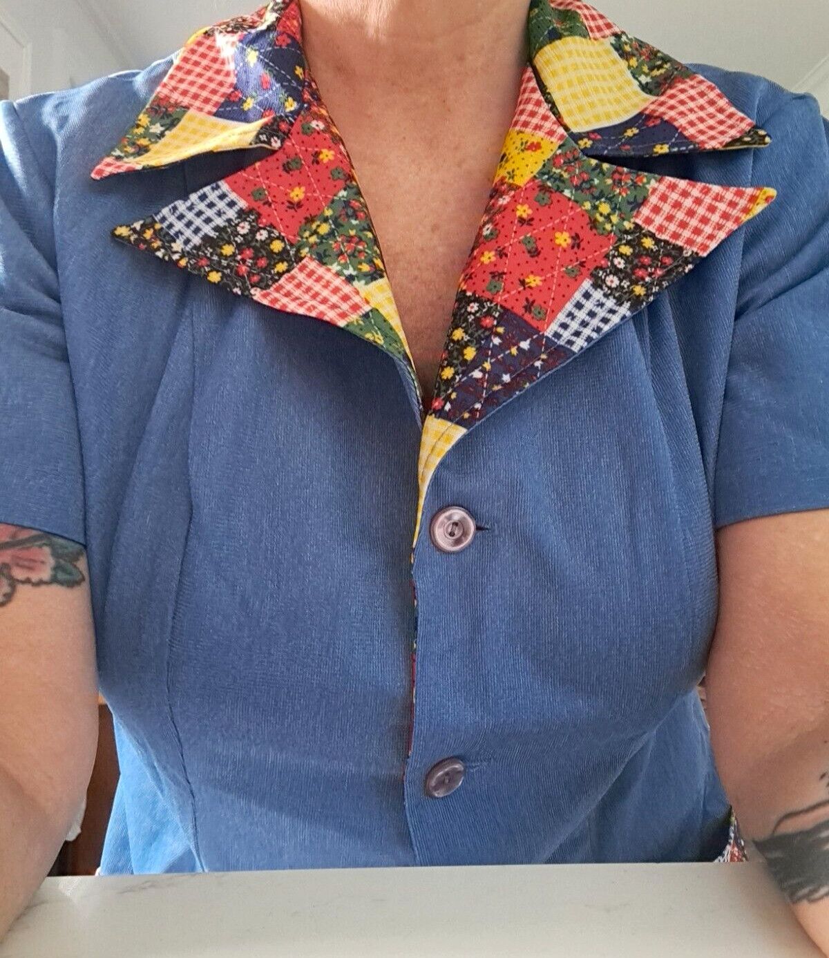 Vintage Rockabilly Waitress Top Patchwork Print Oversized Collar & Pockets LARGE