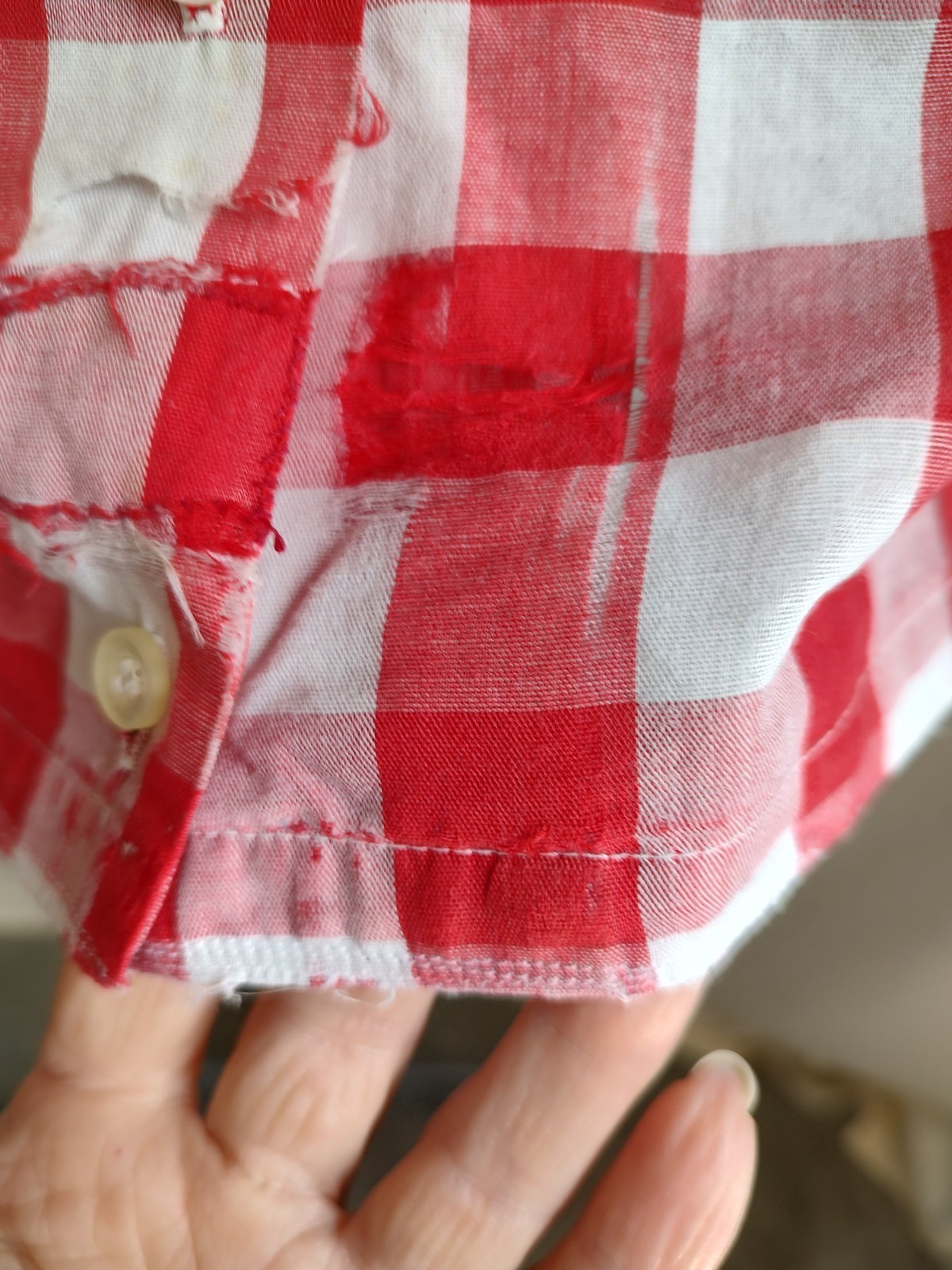 Vtg 50s/60s Shirt Womens Sz Sm Red White Check Loop Collar Distressed Rockabilly