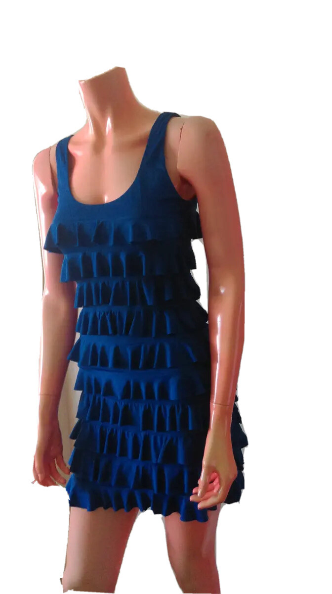 Vintage Reem Elastane Blue Layered Ruffles Ladies Mini Party/cocktail Dress S 8