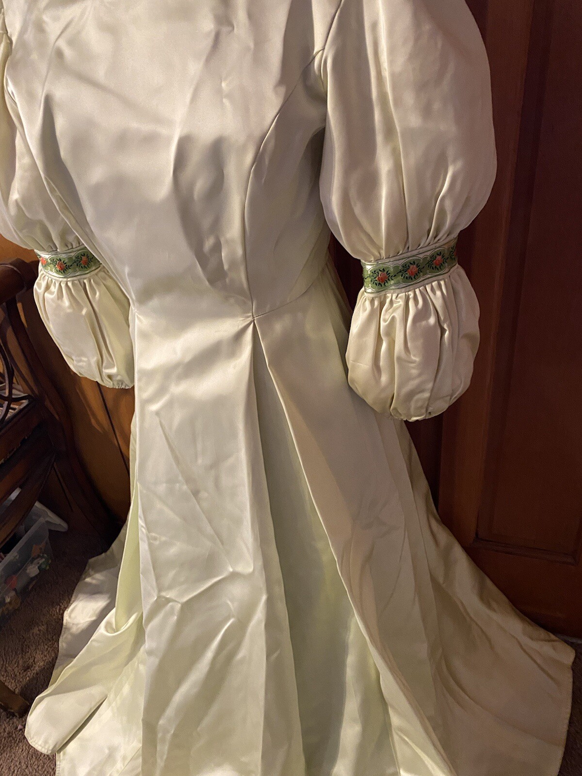 VTG 80s Mint Green Bridesmaid Dress Long Puff Sleeve Taffeta Prairie Cottage
