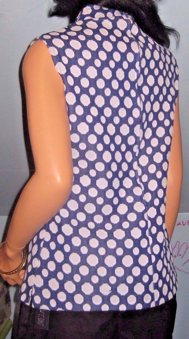 Vintage~Blue~White~Polka Dots~Blouse~Side split~back Zipper~Size L/XL!