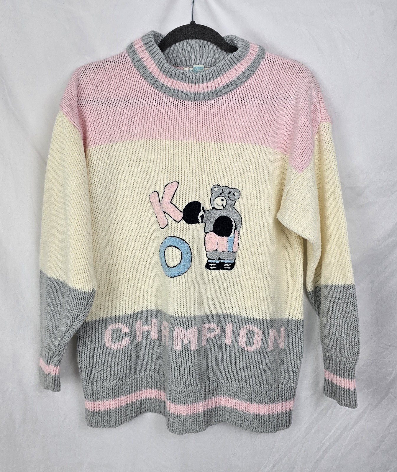 Jamie Scott Vintage KO Champion Bear Boxing Boxy Feminine Boho Sweater Medium