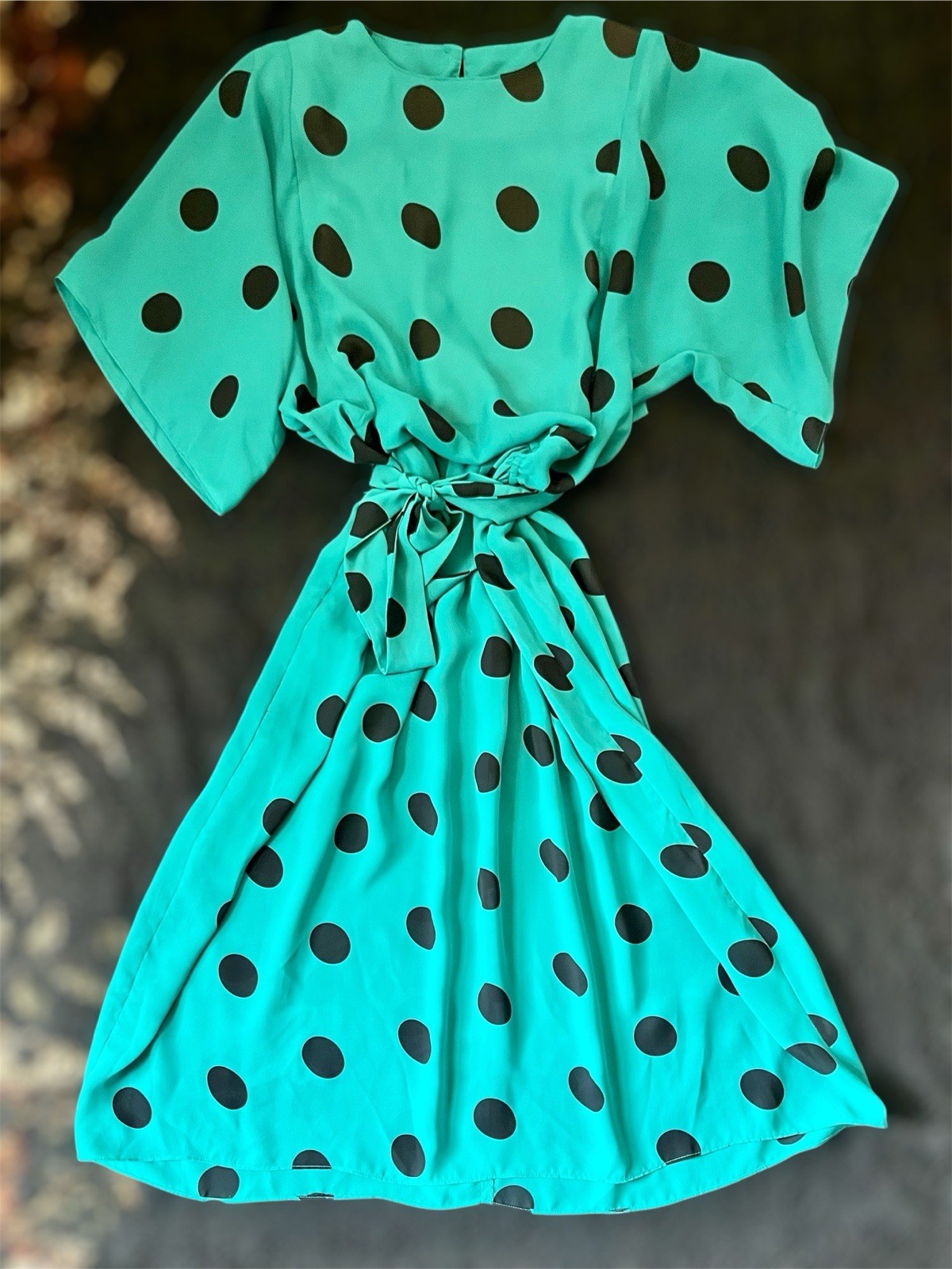 Vintage Silky Black Polka Dot Teal Blouson Belted Midi Dress Totally 80s Size 8