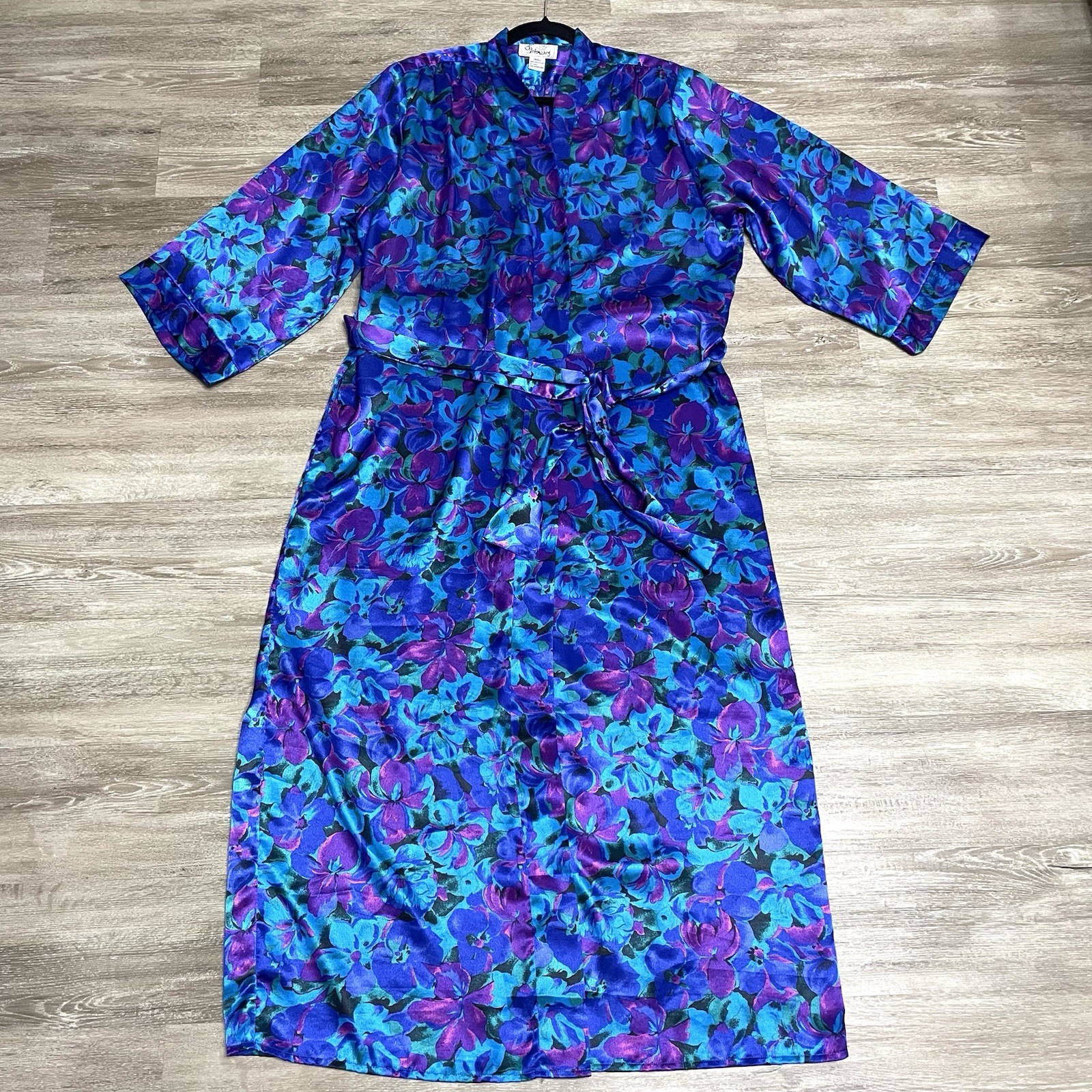 Vintage J.O. Intimates 80s Purple Blue Satin Long Floral Robe Sz S Hong Kong