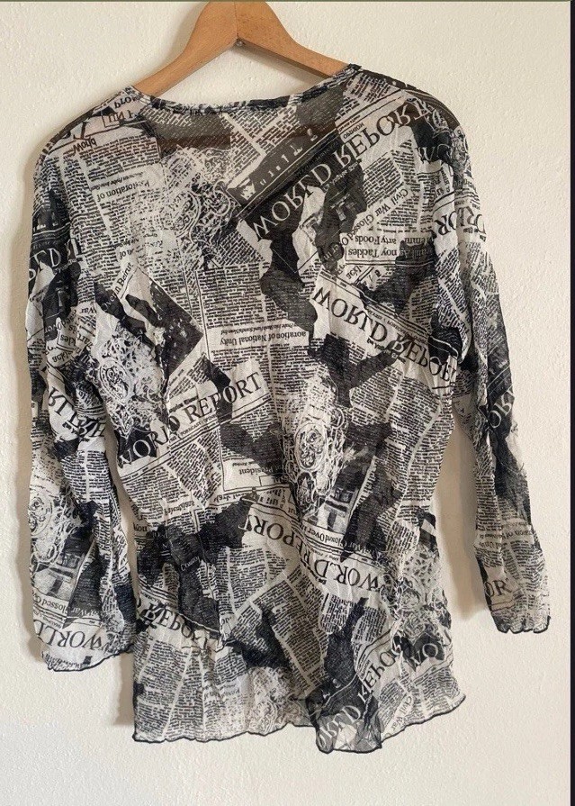 Jess & Jane Sheer Black and White Newspaper Print Long Sleeve Top Y2K
