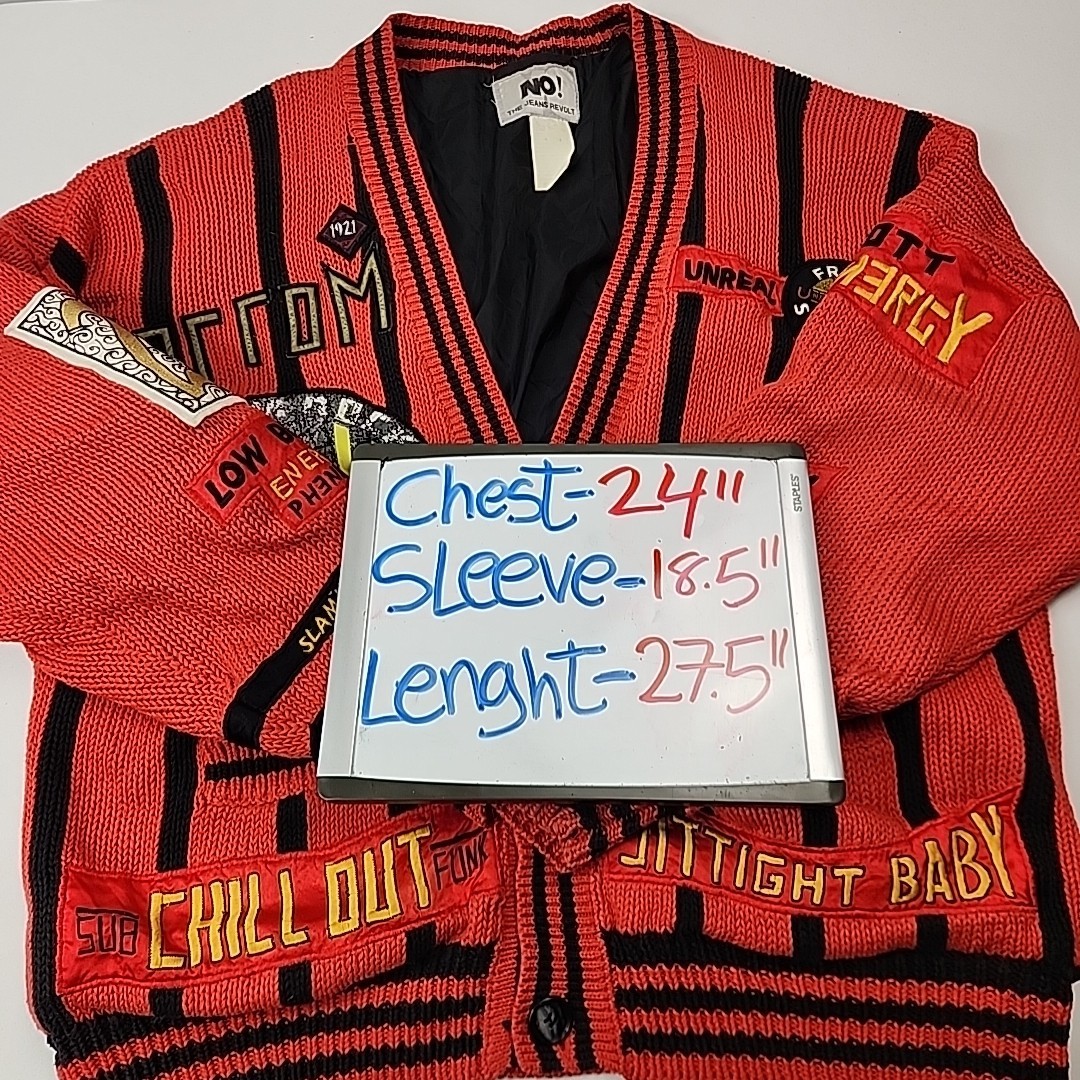 Vintage NO The JEANS REVOLT Red Embroidered funky Patched 80’s Cardigan LRG?