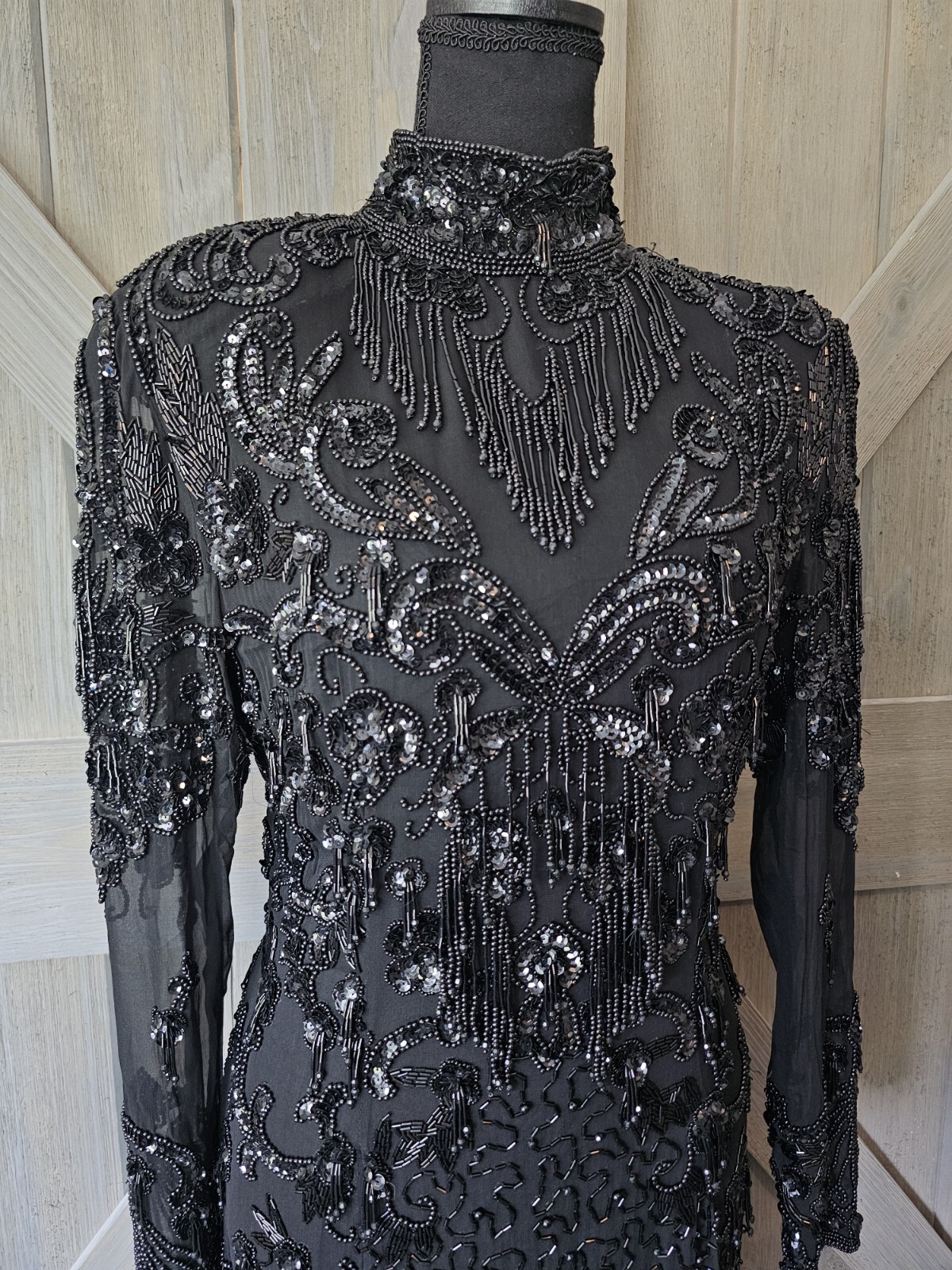1980s D’ore Silk Sheer Beaded Dress sz 10