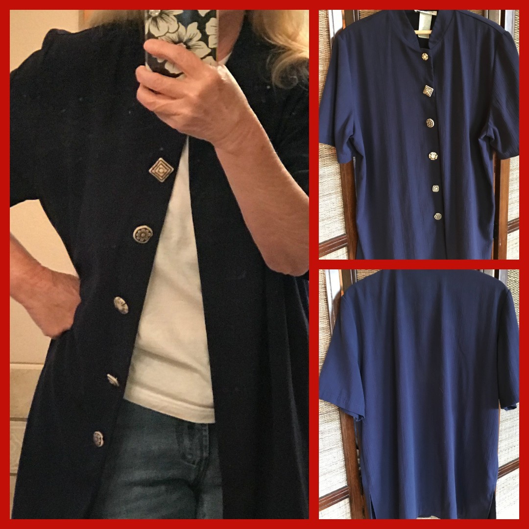 VTG 90s two twenty Rayon Blend Tunic, Dark Blue Blazer Top Unique Buttons Sz 18