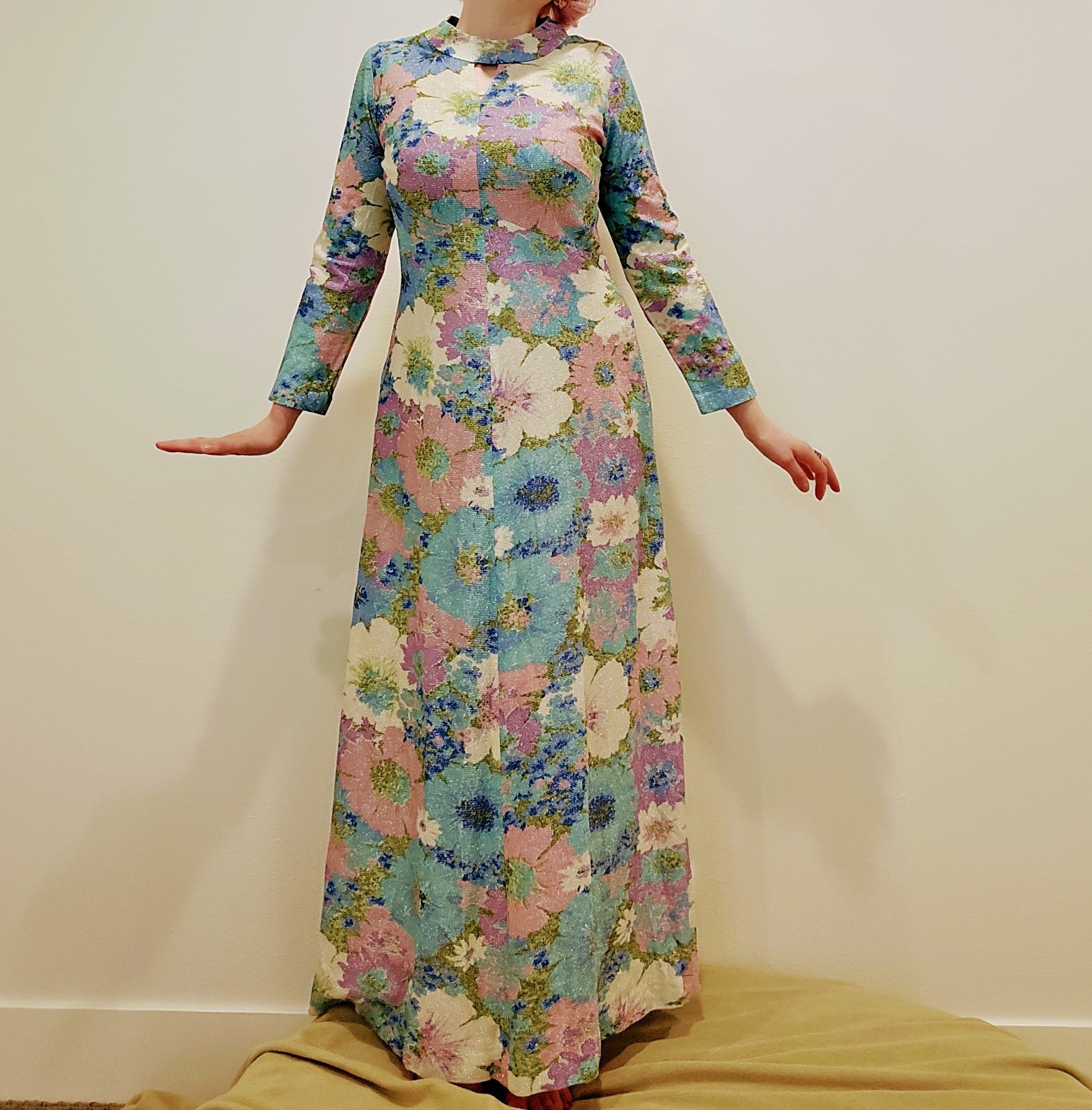 60s VTG Sparkle Psychedelic Purple Green White Floral Dress Md Maxi Mermaid