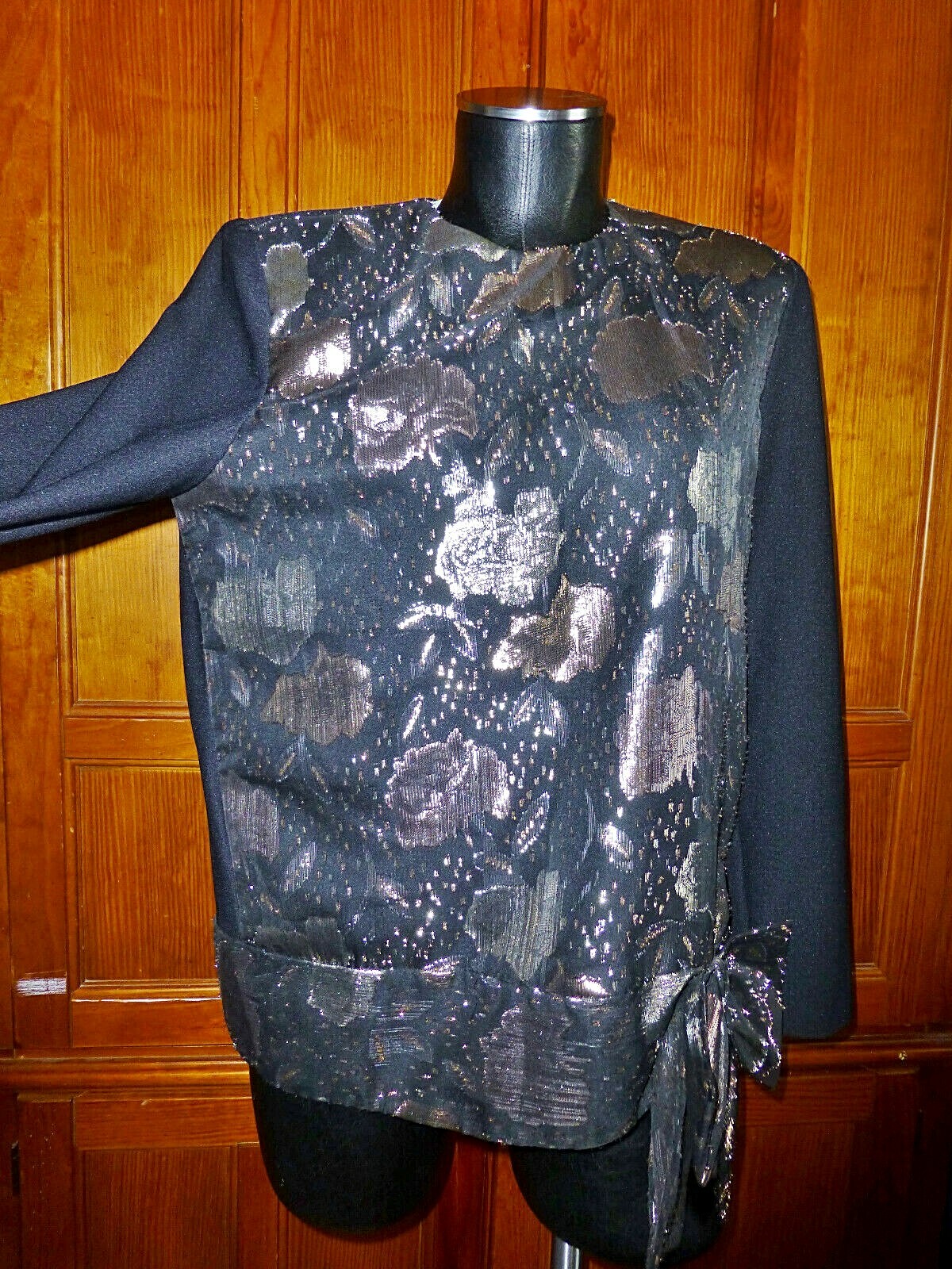 Vtg 80s Burnout Floral Eyelash Fringe Metallic BOW Evening dress BLOUSE TOP