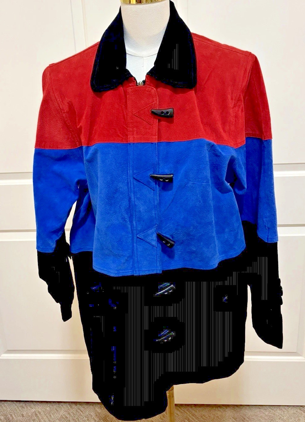 Vintage 80’s 90’s Diani Color block Suede Leather Toggle Coat With Zipper Med