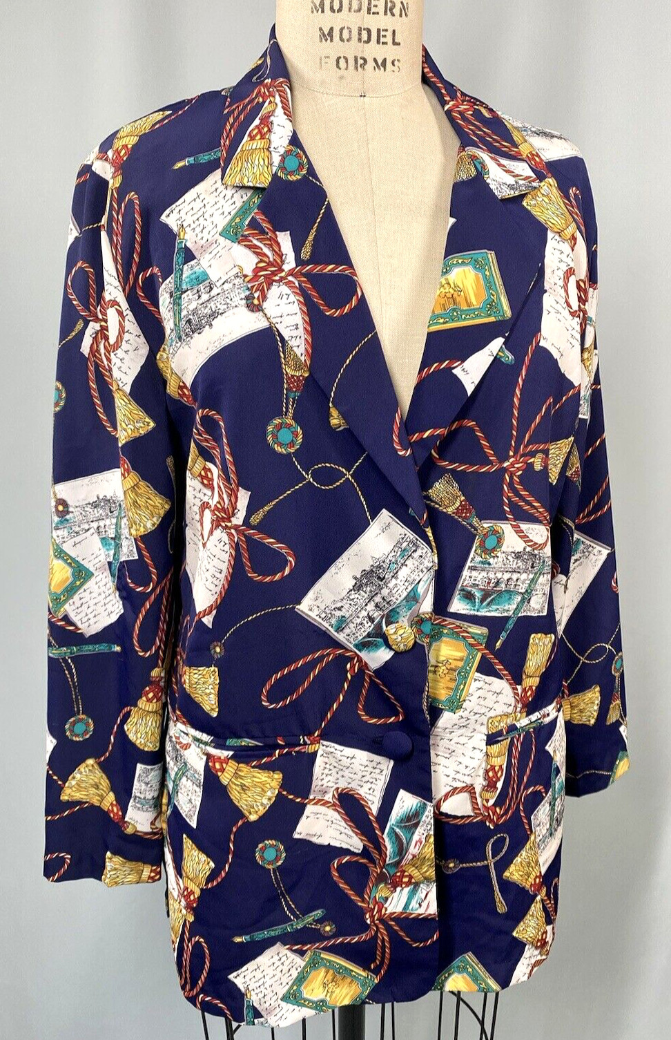 Vintage Women’s Jacket SIZE MEDIUM blue post card writing tassel 80s 90s