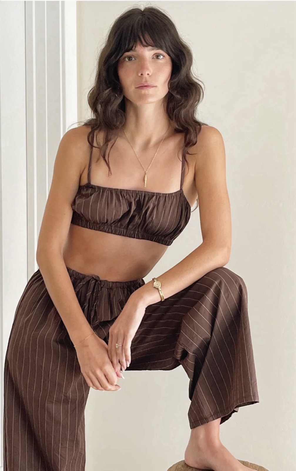 The Ludlow Shop Millie bra top in brown barn stripe XS S deadstock cotton