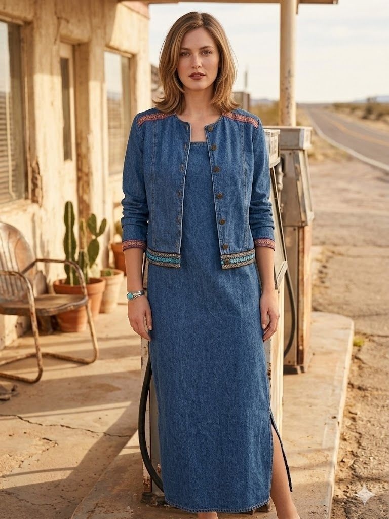Vintage 90s Denim Dress Jacket Set 12 Blue Jean Maxi Sundress Southwestern Boho