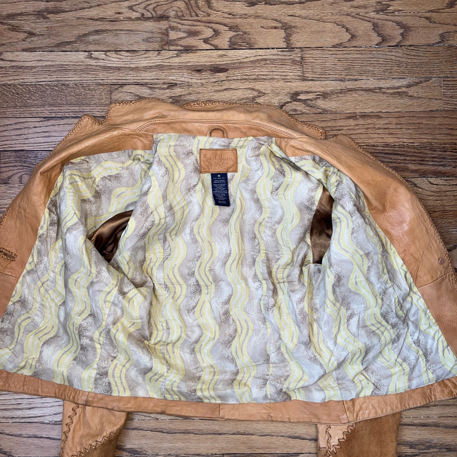 Earl Jeans VTG. Whip Stitch Leather Jacket Women Sz. M Rustic Tan Boho Festival